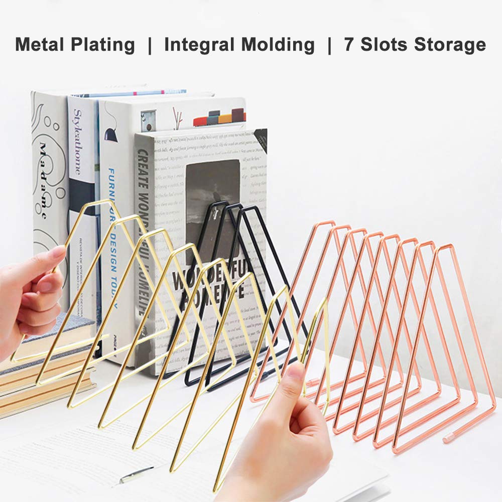 Adjustable 7-Slot Metal Wire Magazine File Holder - Triangle Book Organizer Rack for Office, Home & School - Black Vinyl Storage for Documents, Folders & Decor | Perfect for Desk Organization & Magazine Display