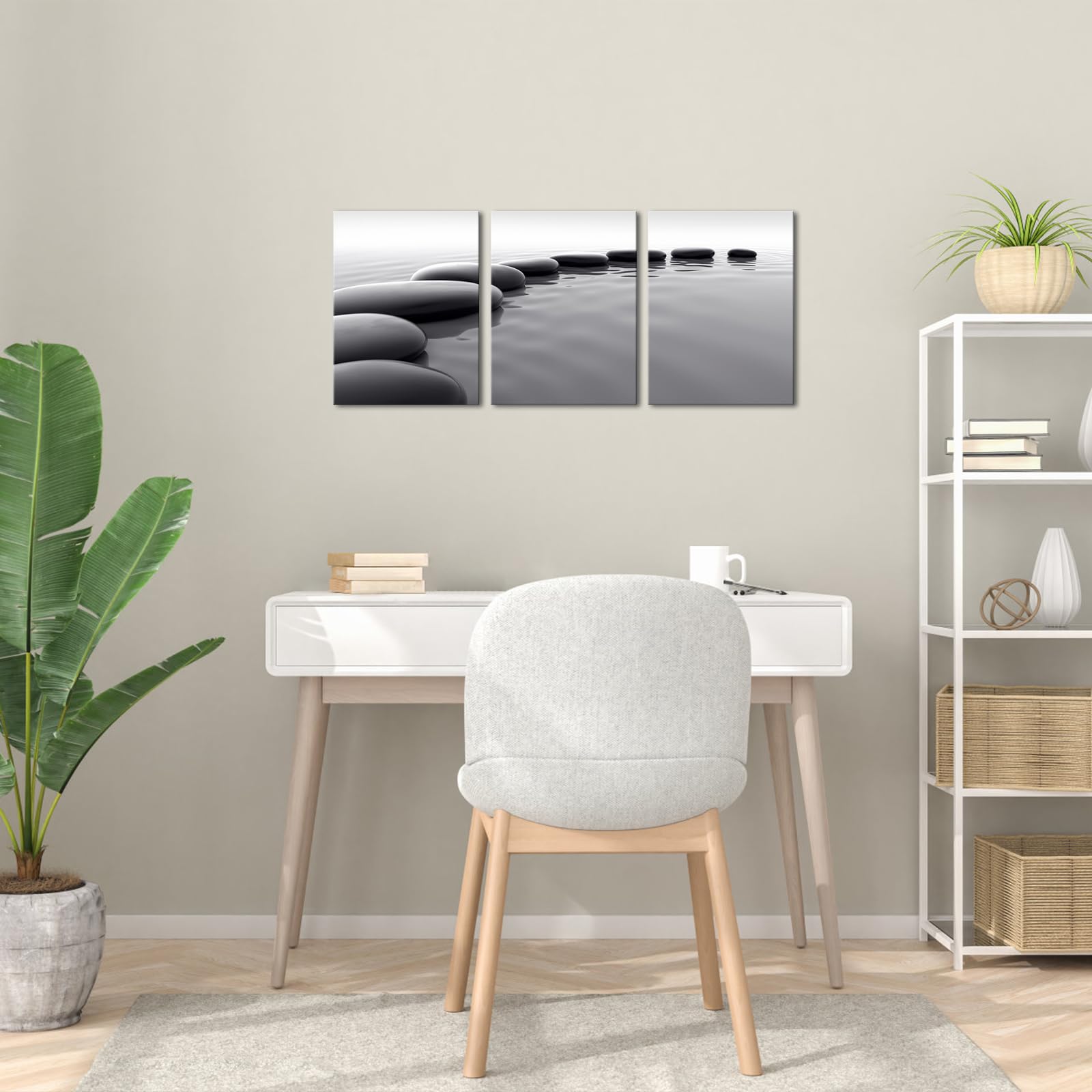 HomeoArt Black and White Zen Stone Canvas Wall Art - Framed Ready to Hang for Bathroom, Spa, Living Room, Bedroom & Office Decor | Modern Meditation Wall Hanging for Relaxation Spaces