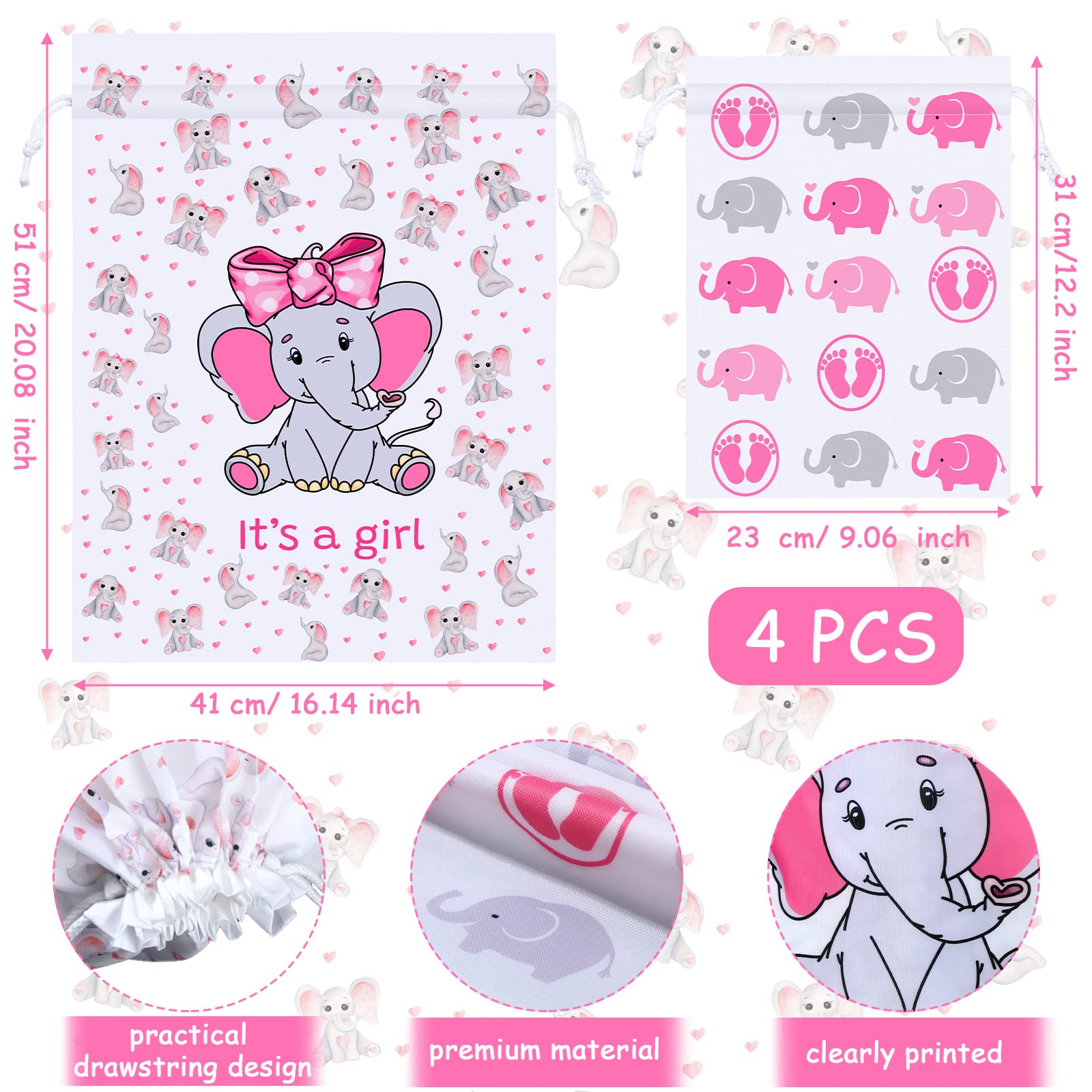 4 Pcs Pink Elephant Drawstring Fabric Gift Bags for Baby Showers, Gender Reveal & Birthday Parties - Perfect for Baby Girl Shower Favors, Treat Wraps & Party Decorations