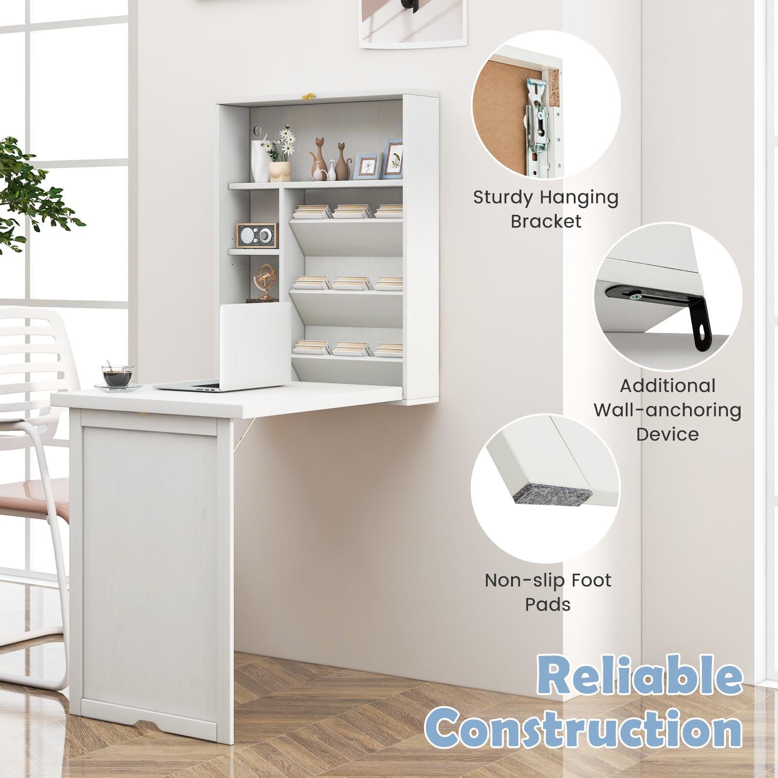 Tangkula Foldable Wall Mounted Desk with Storage Shelves & Hooks - Space Saving Floating Murphy Desk for Small Spaces, Home Office, Dorm Room - Perfect for Compact Living, Study & Workstations