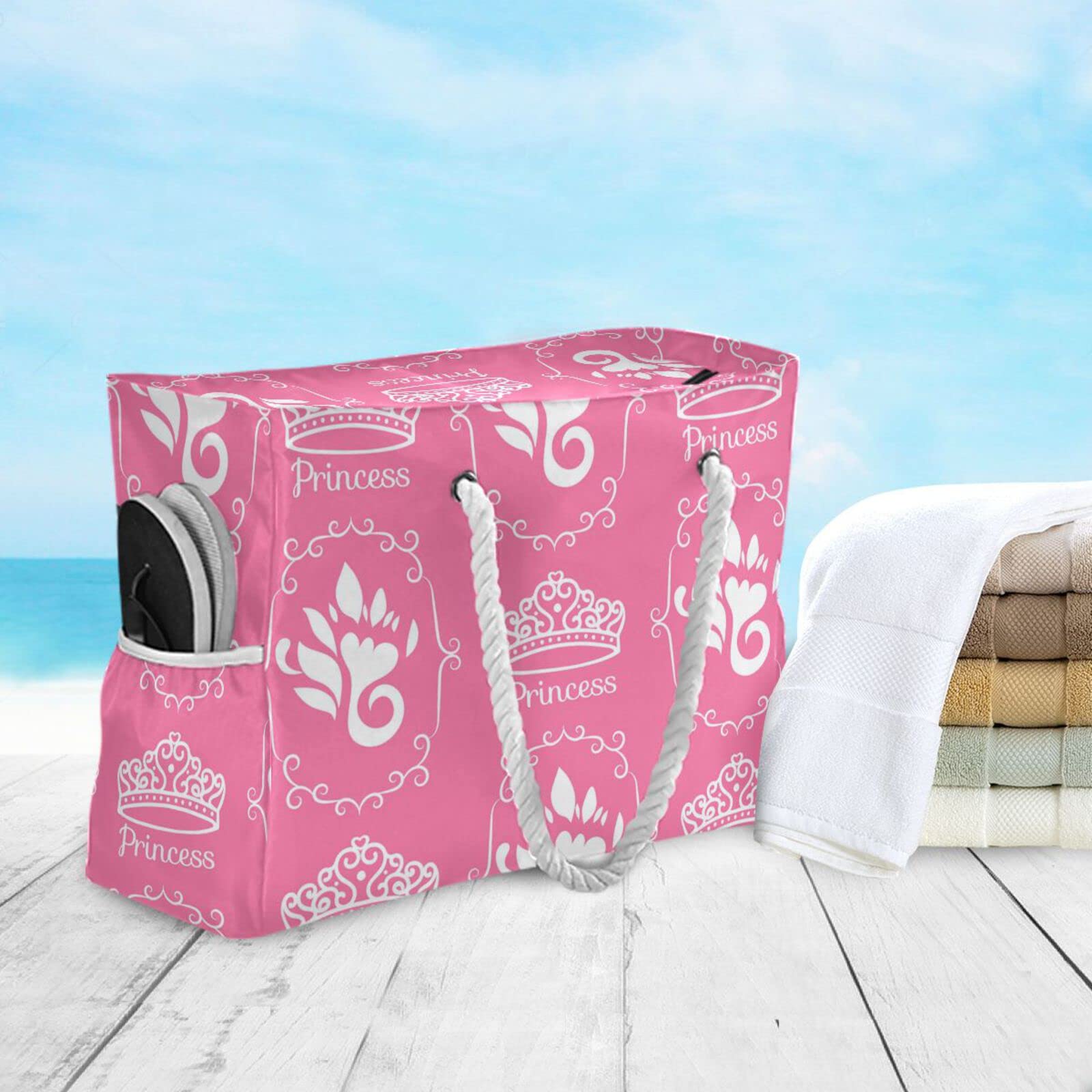 Pink Princess Crown Beach Bag - Large Waterproof Travel Tote Bag with Zipper for Women & Girls | Perfect for Pool, Beach Vacation & Summer Outings