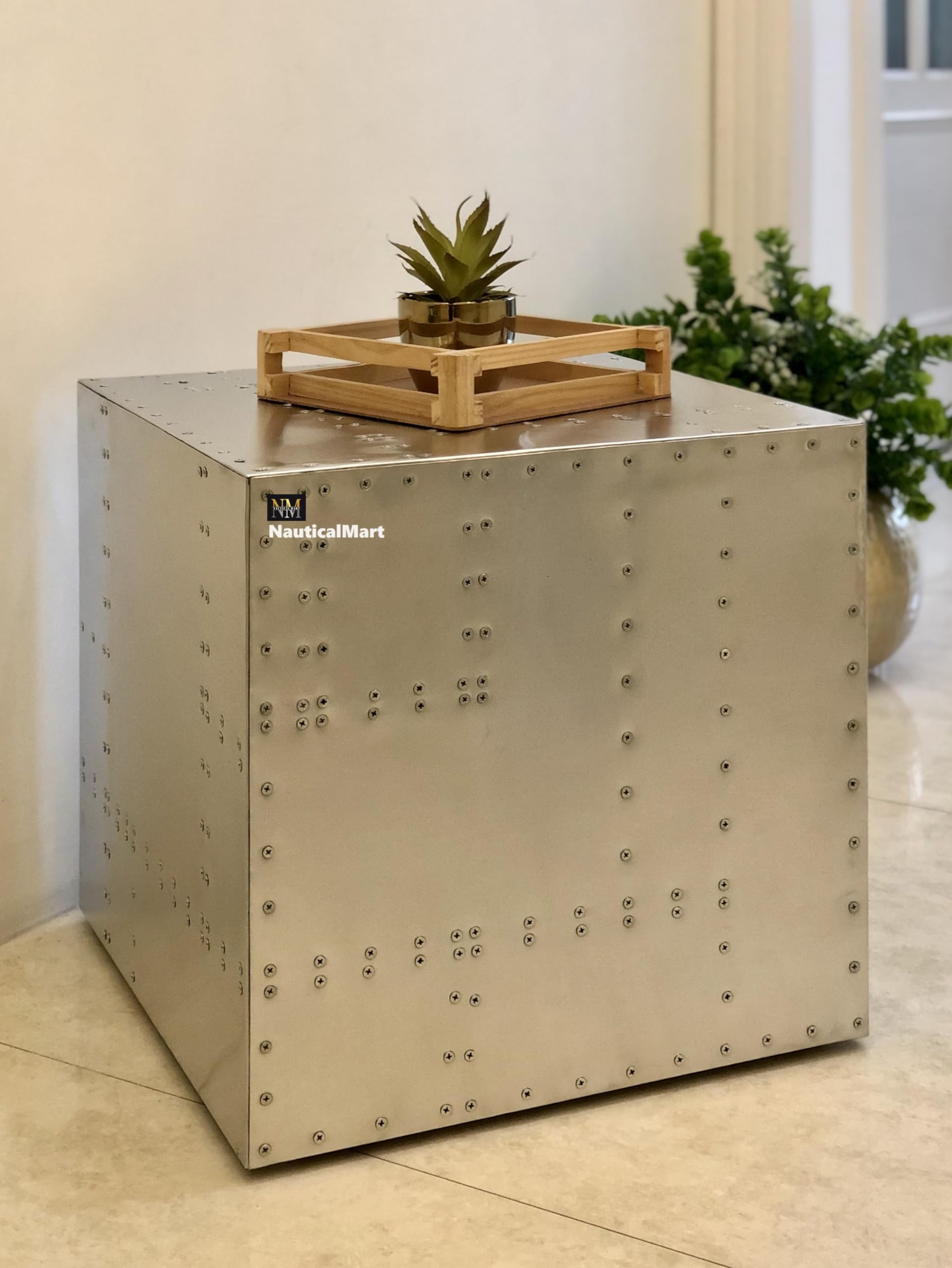 14 Inch Aluminum Cube Industrial End Table - Modern Metal Crate Coffee Table with Urban Aviator Design for Living Room, Office & Dorm (Silver)