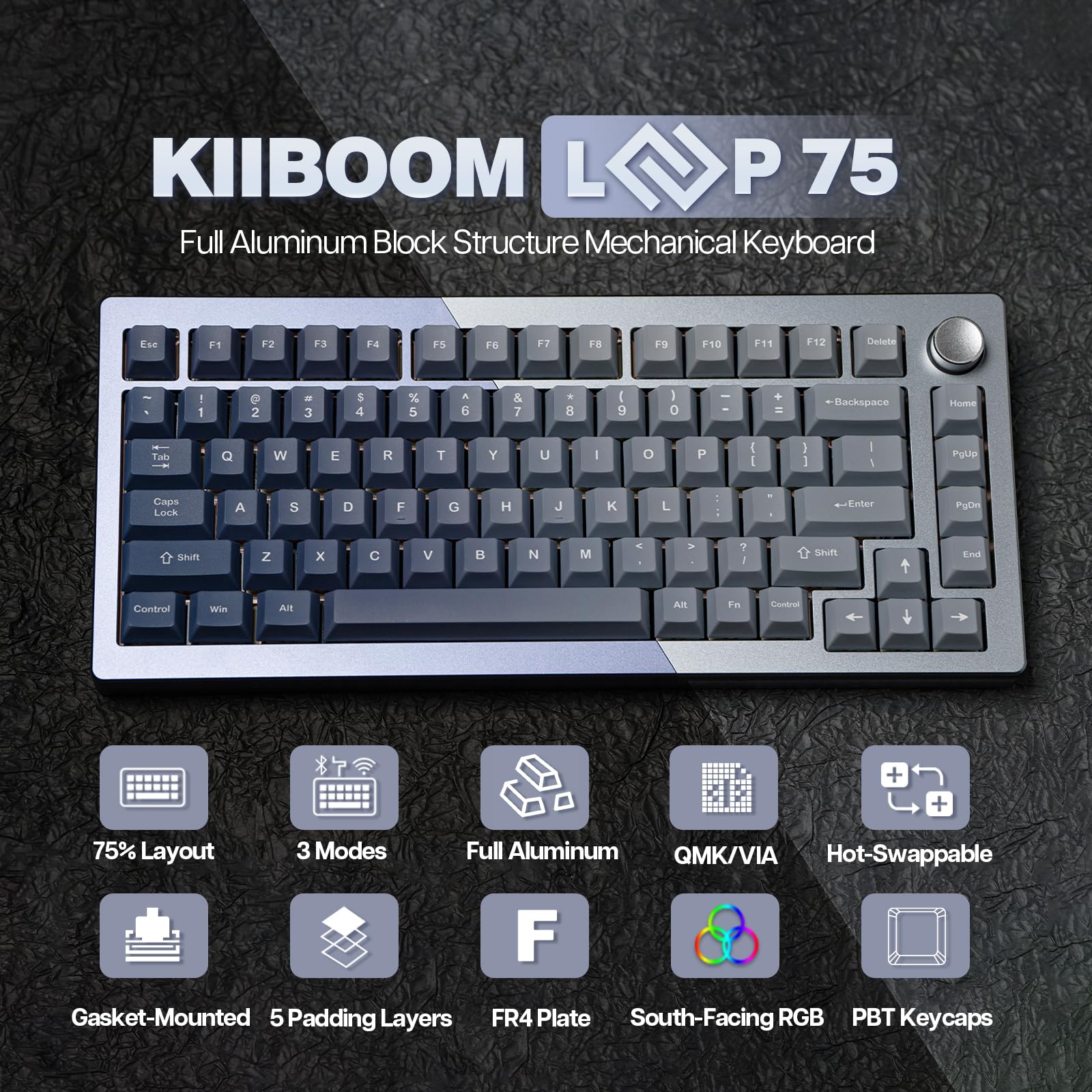 KiiBoom Loop 75 75% Wireless Mechanical Keyboard - Full Aluminum Body, QMK/VIA Programmable, Bluetooth 5.0/2.4GHz/USB-C, Gasket Mount, FR4 Plate, RGB Backlit for Windows/Mac (Blue) - Perfect for Gaming, Coding & Office Work