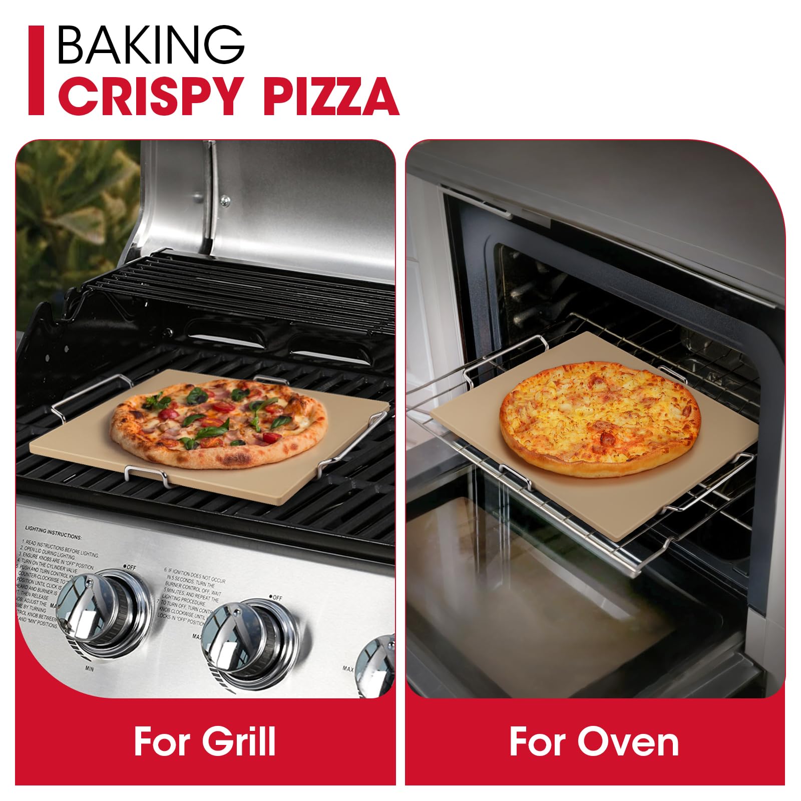 Unicook 16 x 14 Inch Cordierite Pizza Stone for Oven & Grill - Rectangular Baking Stone for Bread, Pizza, Cookies - Includes Carry Rack & Dough Scraper - Perfect for Home Baking, Outdoor BBQ & Restaurant Use