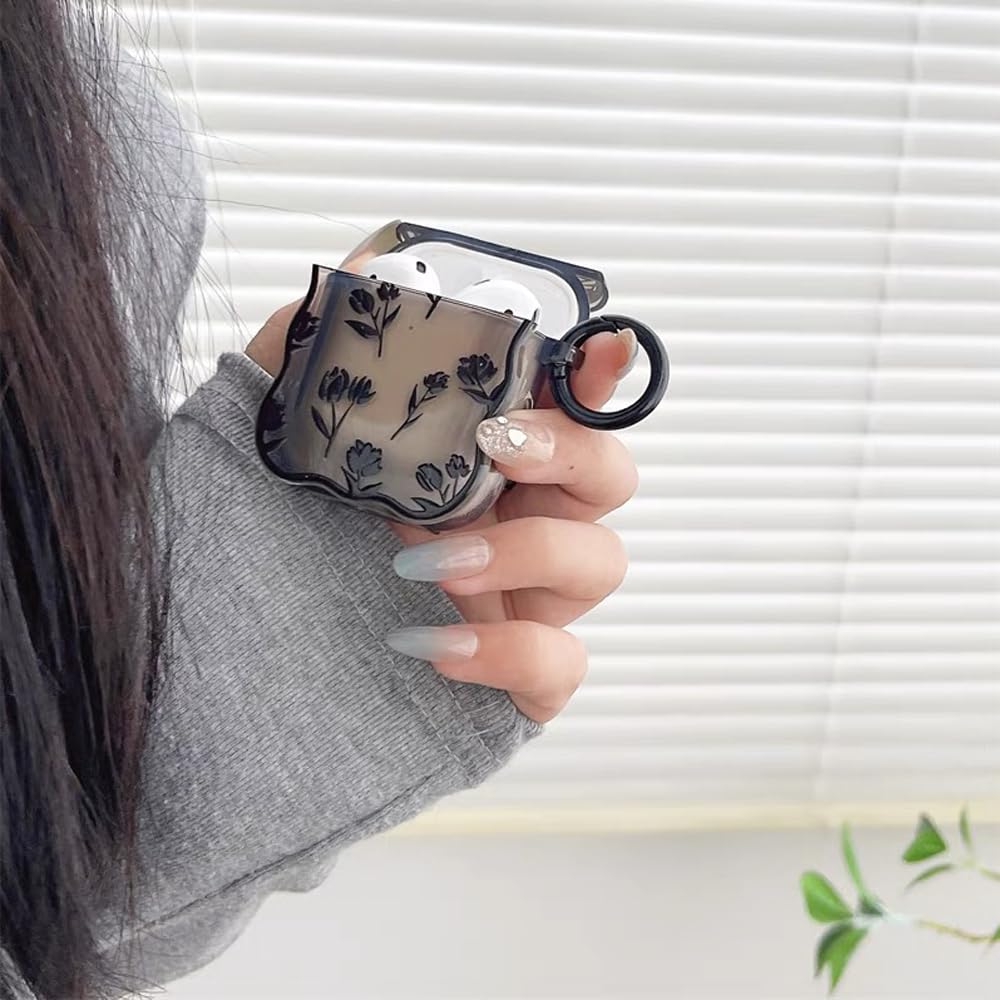 Cute Black Flower AirPods Pro Case with Keychain - Soft Silicone Protective Cover for AirPods Pro Charging Case - Kawaii Cartoon Design for Women, Girls & Kids - Perfect for School, Travel & Daily Use