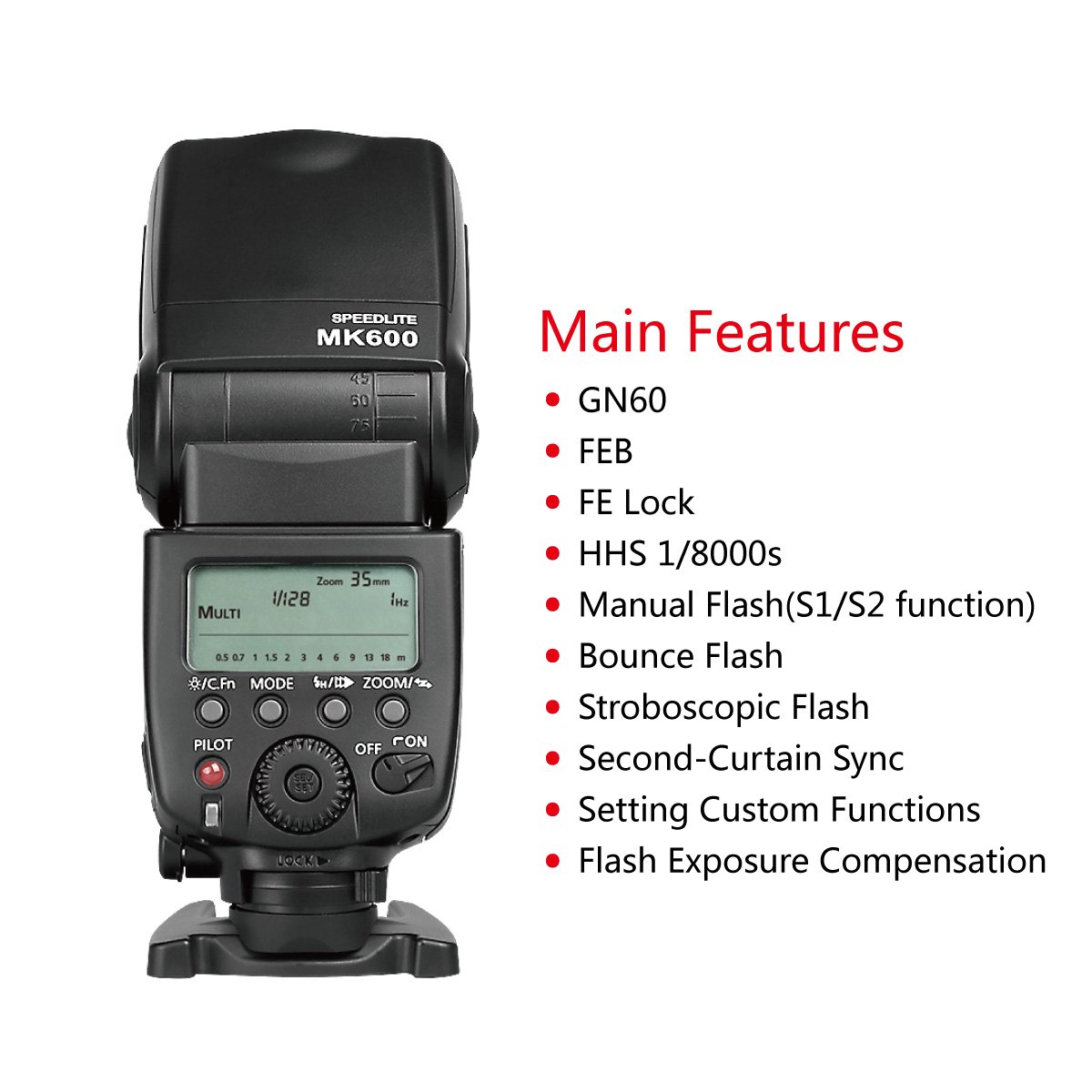 Meike MK600 High Speed Sync TTL Camera Flash for Canon DSLR (1300D/70D/6D/5DII/5DIII/7D/60D/550D/600D/650D/800D/4000D) - Professional Photography, Studio Lighting & Event Shooting
