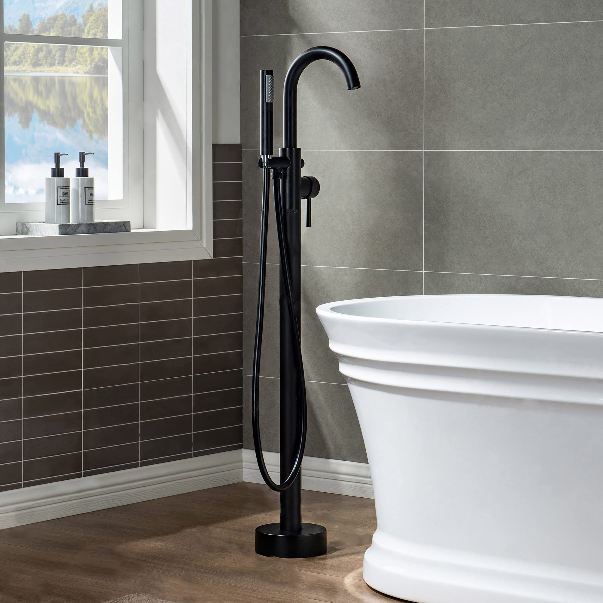 WOODBRIDGE F0006BL Matte Black Freestanding Tub Filler Faucet with Hand Shower - Contemporary Single Handle Floor Mount Bathtub Faucet for Modern Bathroom & Spa Relaxation