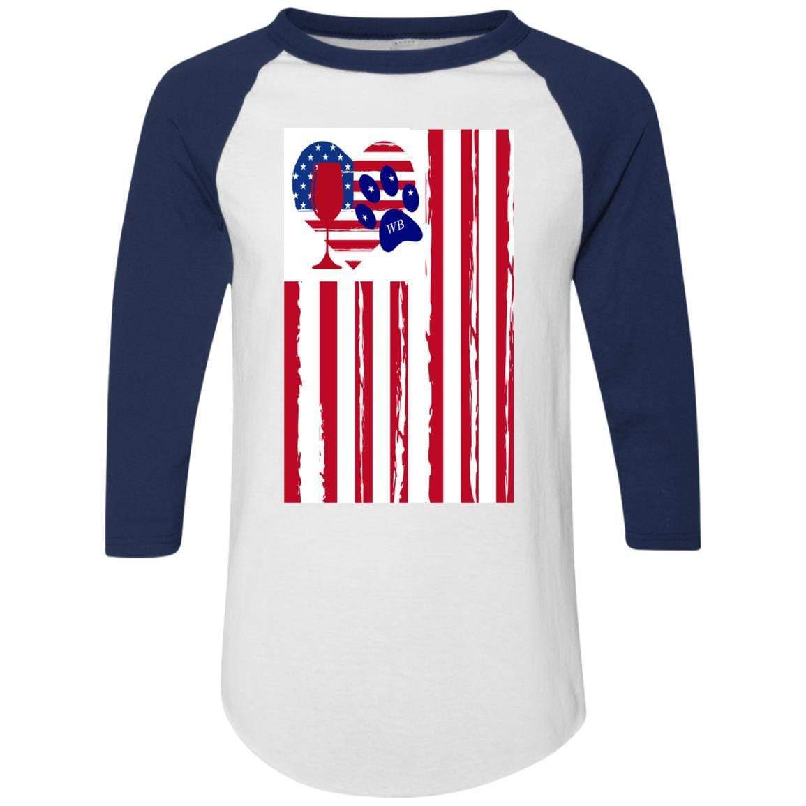 American Flag Wine Glass with Paw Heart Design - Colorblock Raglan Jersey for Women | Perfect for Patriotic Parties, BBQ Gatherings & Wine Lovers