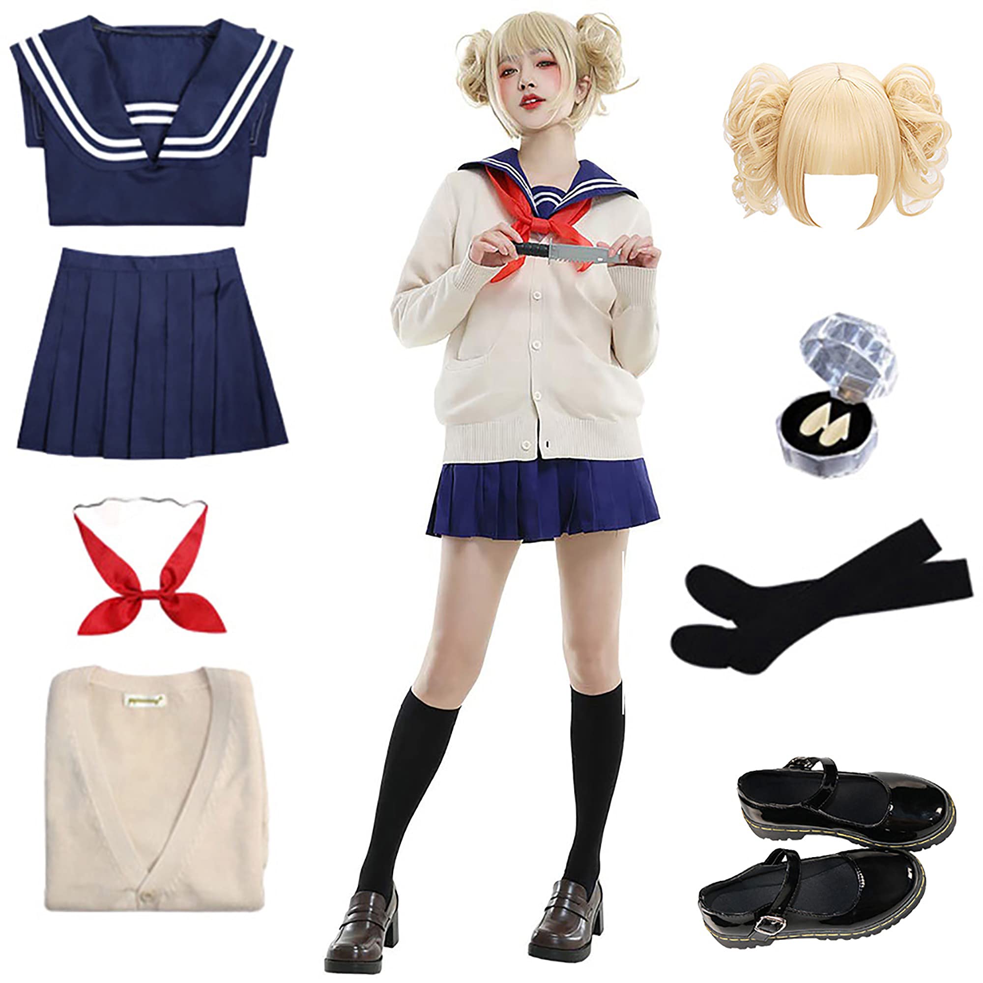Himiko Toga Cosplay Costume Set - Women's JK Uniform Dress with Cardigan, Wig, Fangs, Shoes & Stockings for Halloween Anime Cosplay | Perfect for Conventions, Themed Parties and Photoshoots
