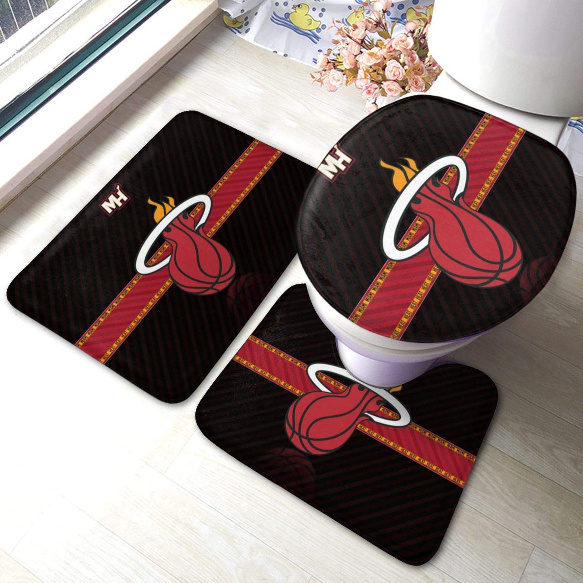 Basketball Themed Bathroom Rug Set - 3 Piece Non-Slip Bath Mat, Contour Mat & Toilet Cover for Miami Heat Fans - Perfect for NBA Fan Bathroom Decor & Sports Themed Home Accessories