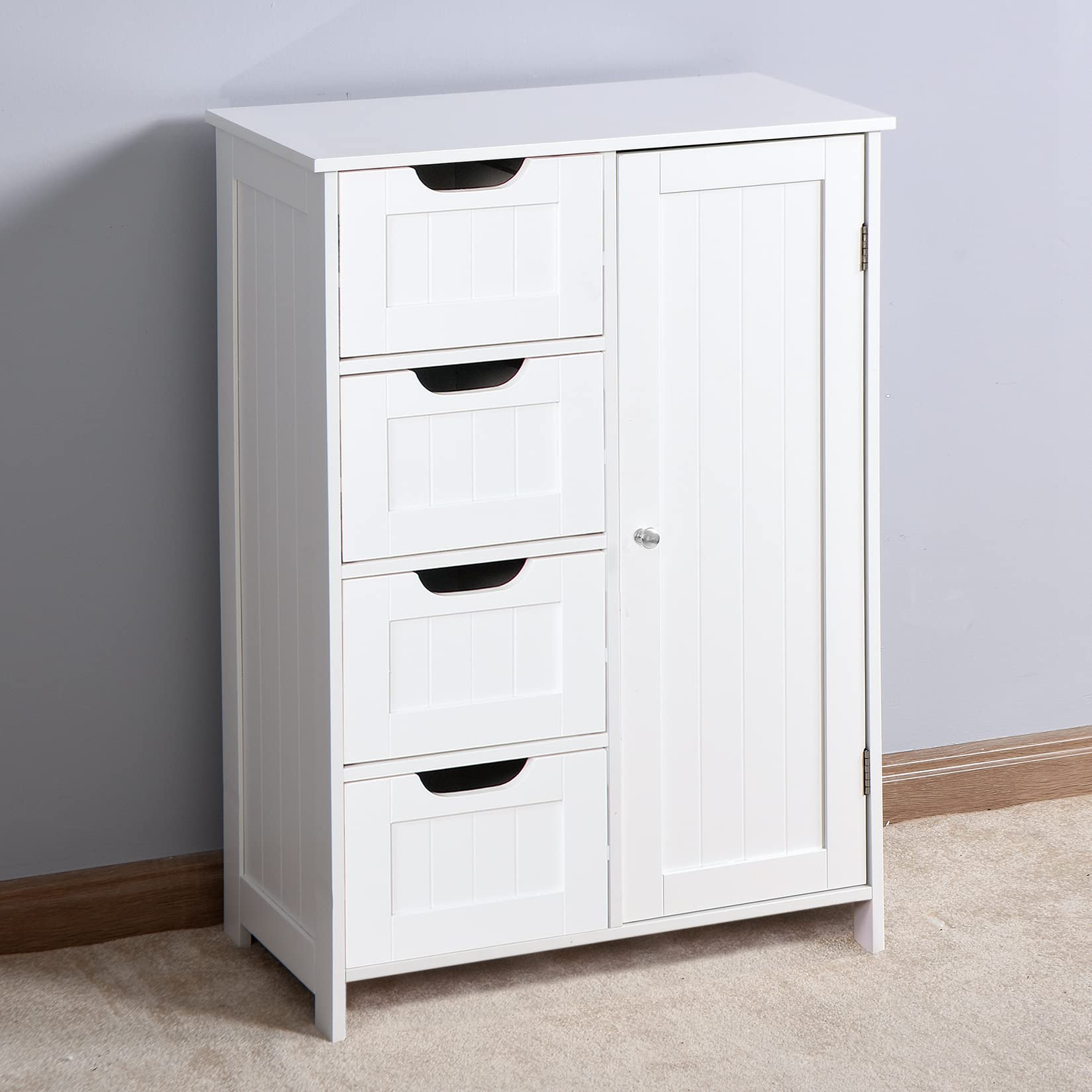White Wooden Bathroom Storage Cabinet with 4 Drawers & Cupboard - Freestanding Floor Organizer for Entryway, Living Room & Bedroom - Bathroom Furniture & Home Decor Storage Solution