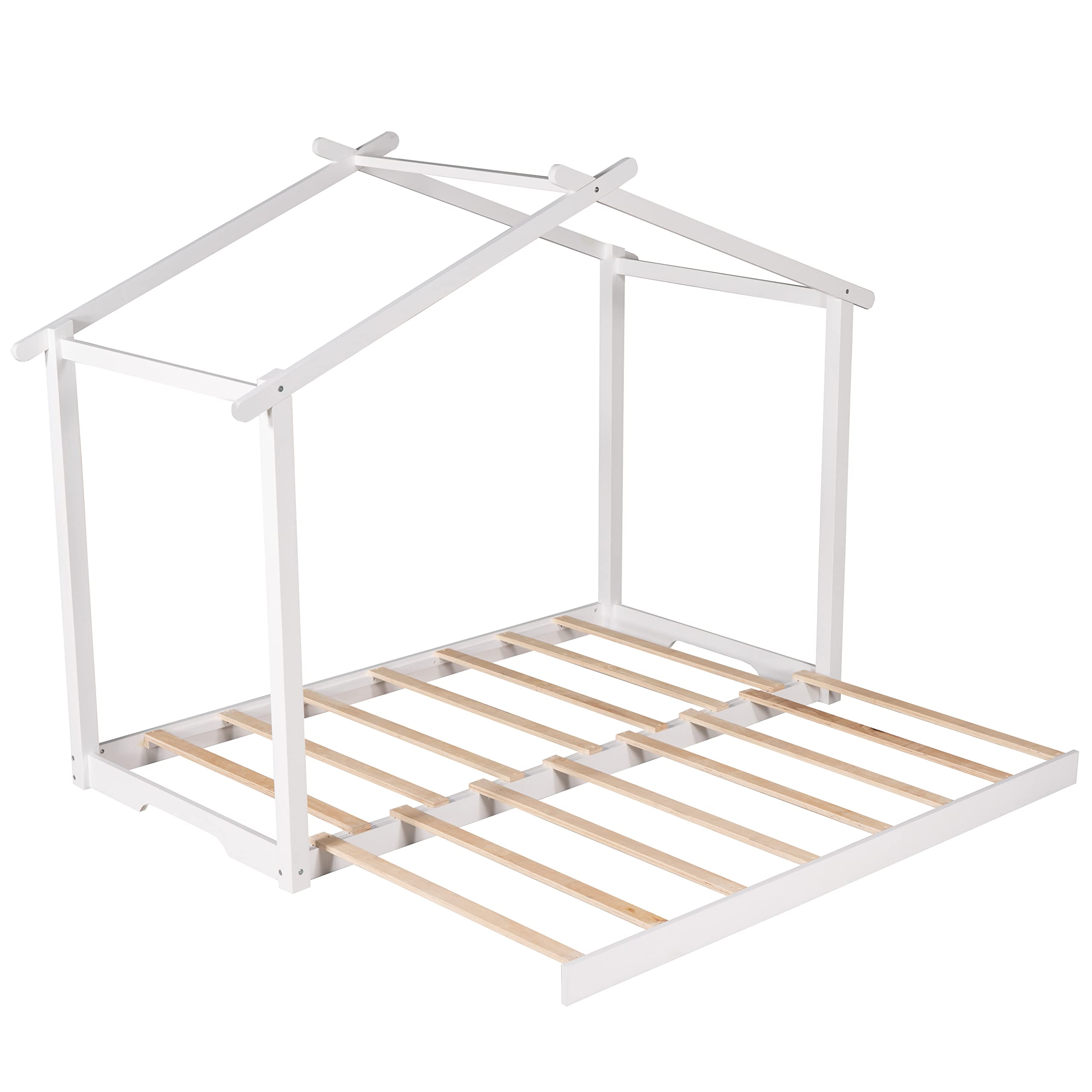 Solid Wood House Bed Frame - Twin XL/King Size Platform Bed with Trundle & Roof Design | Kids Floor Bed with Wood Slats Support | House-Shaped Daybed for Bedroom, Living Room, Playroom & Nursery | Sturdy Wooden Bed Frame for Toddlers & Teens