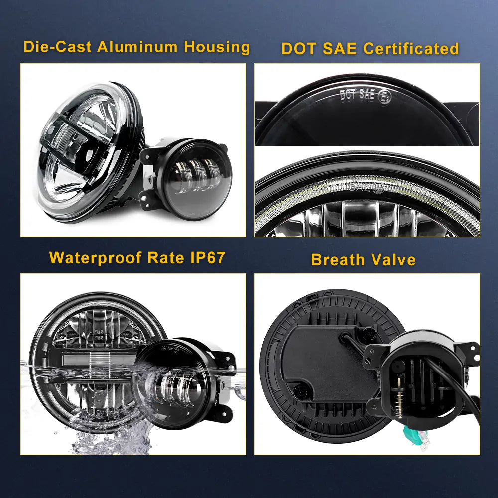 9'' LED Headlight Kit with Bracket Rings & 4 Fog Lights for 2018+ Jeep Wrangler JL & Gladiator JT - Black | Off-Road & Night Driving Upgrade