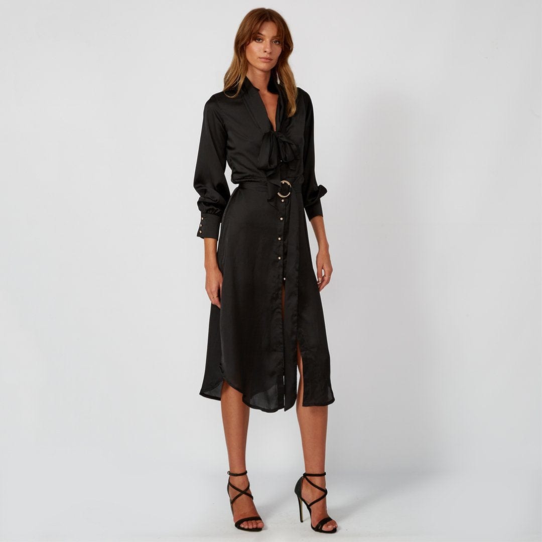 ARABELLA Black Lantern Sleeve Midi Shirt Dress for Women | Elegant Office Wear & Casual Outfit | Perfect for Work, Date Night and Spring Fashion