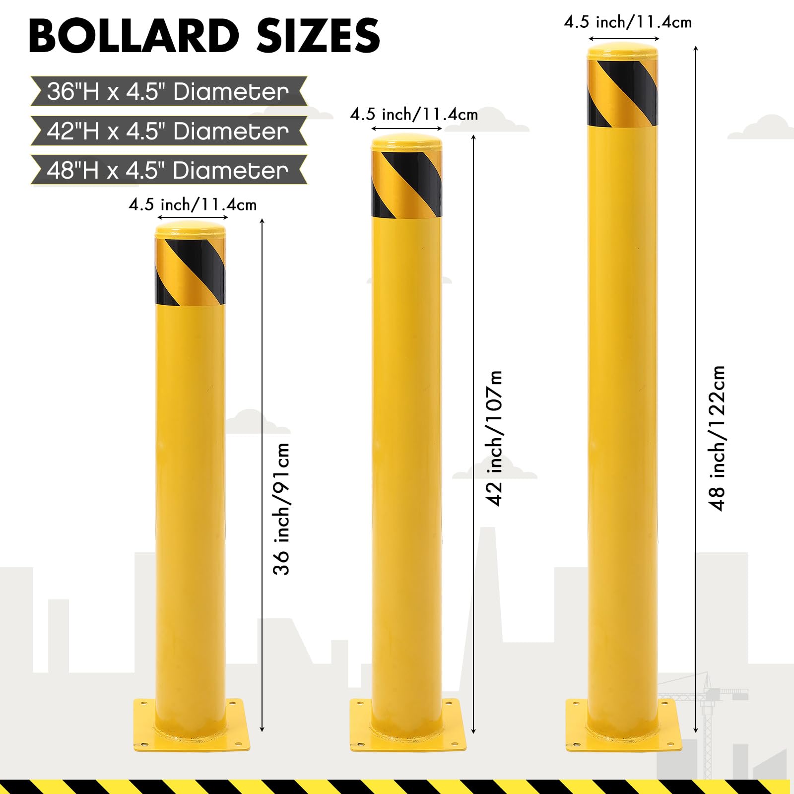 GARVEE 36 x 4.5 Inch Steel Safety Bollard Posts - Yellow Parking Barrier Bollards (6 Pack) for Traffic Control & Property Protection | Ideal for Parking Lots, Warehouses & Driveways
