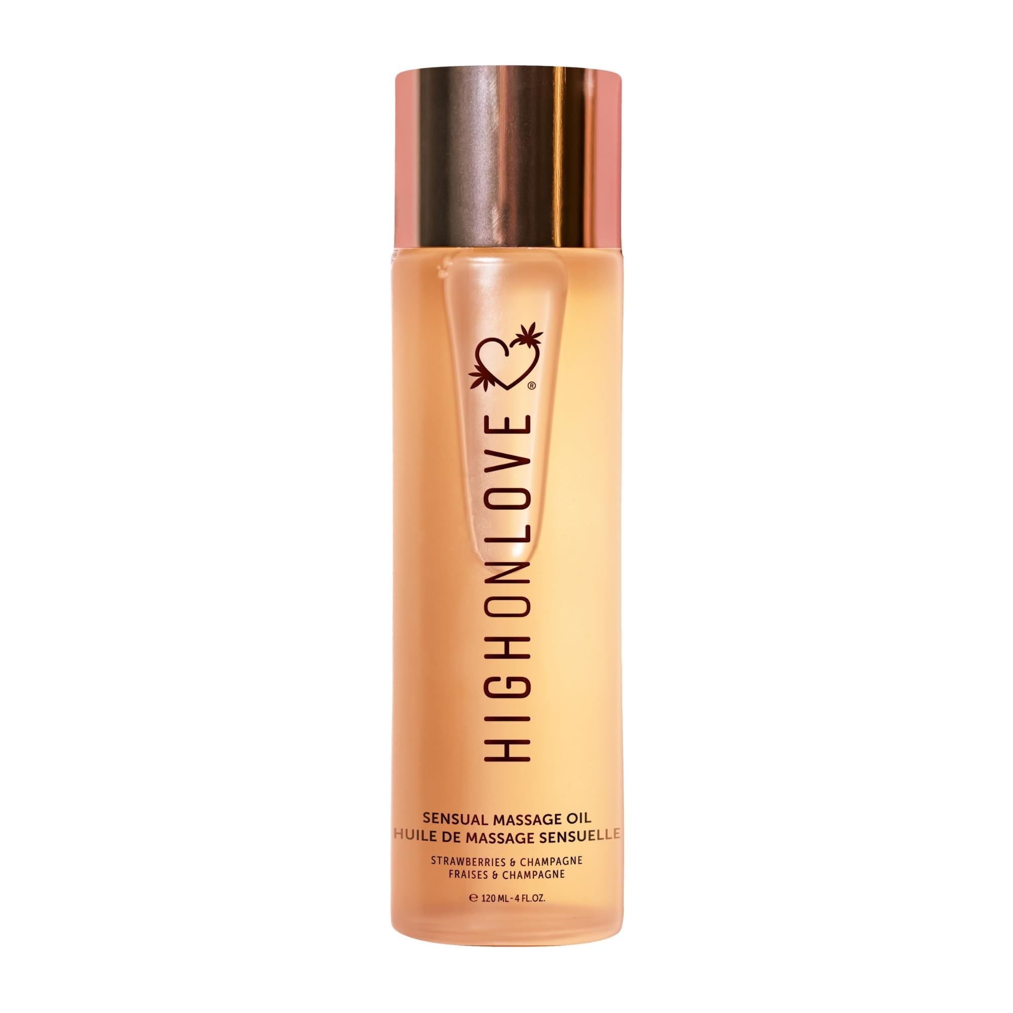 HIGHONLOVE Natural Body Oil with Hemp Seed, Grape Seed & Vitamin E - Moisturizing, Non-Greasy Glow for Dry Skin | 4 fl oz (120ml) Strawberries & Champagne Scent | Perfect for Massage, After Shower & Daily Hydration