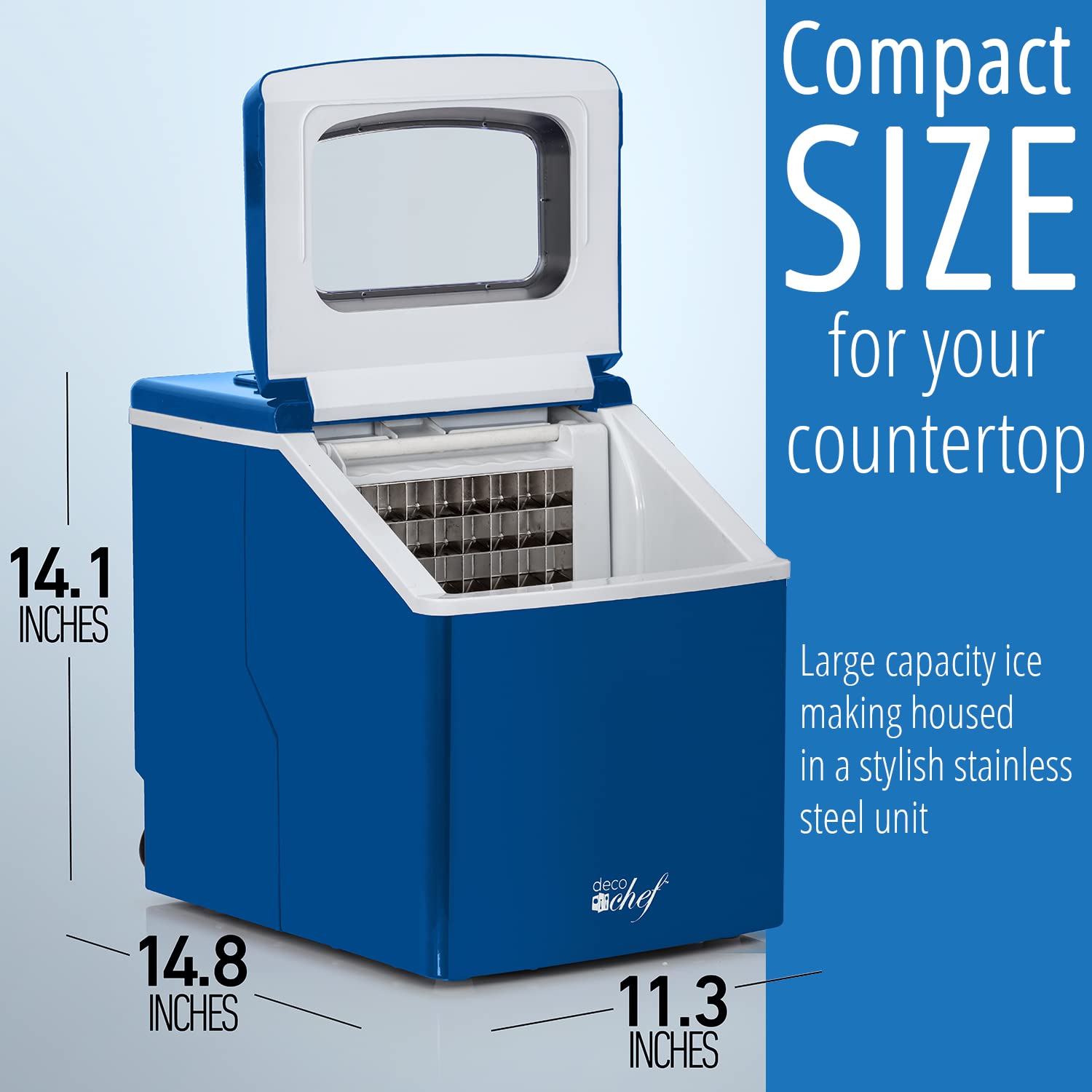Deco Chef Portable Countertop Ice Maker Machine - 40LB/24H Fast Ice Production, 24 Cubes in 15 Mins, Adjustable Cube Size, Digital Control with Timer, Self-Cleaning Function, EZ Access Flip Lid & Scoop Included (Blue) - Perfect for Home, Office, RV, Boat & Outdoor Parties