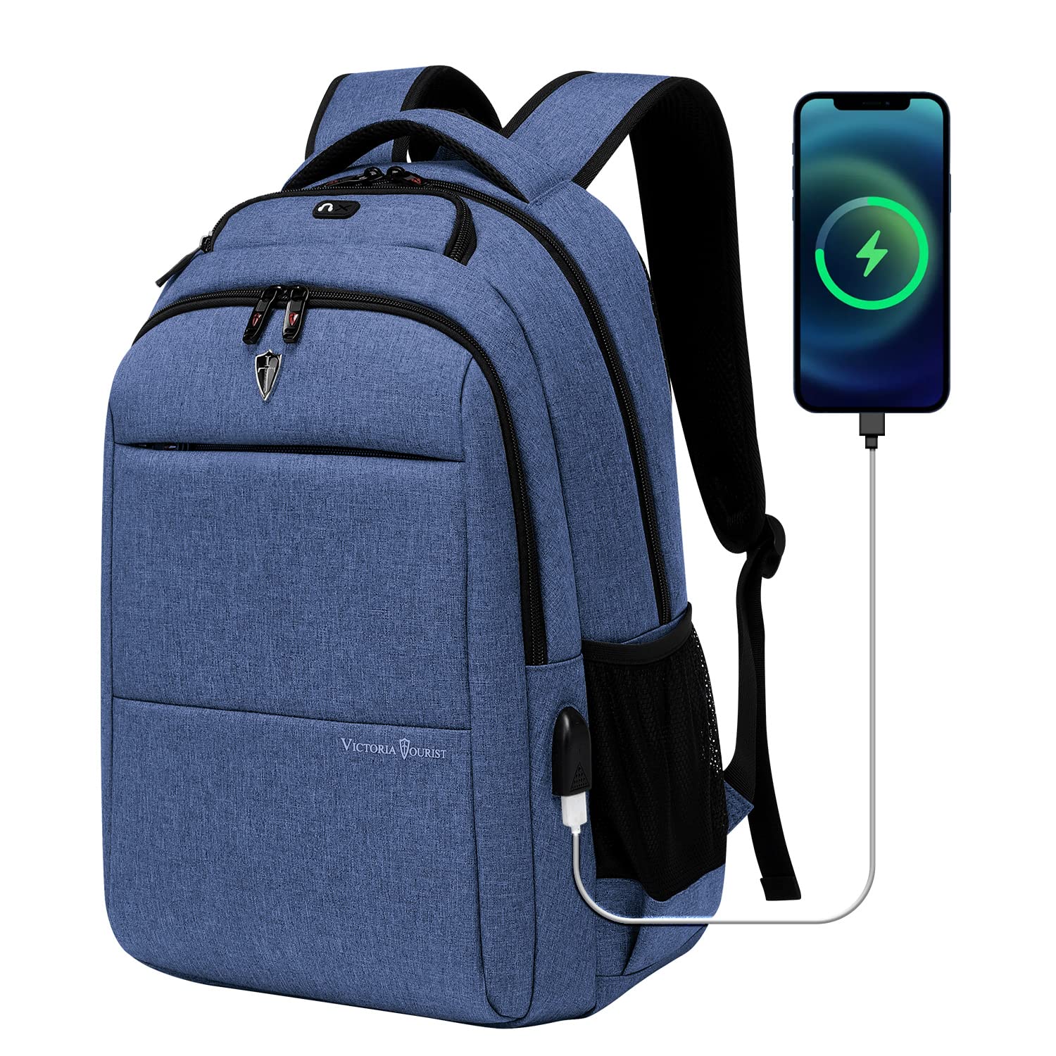Victoriatourist Men's Travel Laptop Backpack with USB Charging & Headphone Port, Water Resistant Bookbag for College, School, Students, Fits 15.6 Inch Laptop, Blue - Ideal for Daily Commute, Work, and Outdoor Adventures