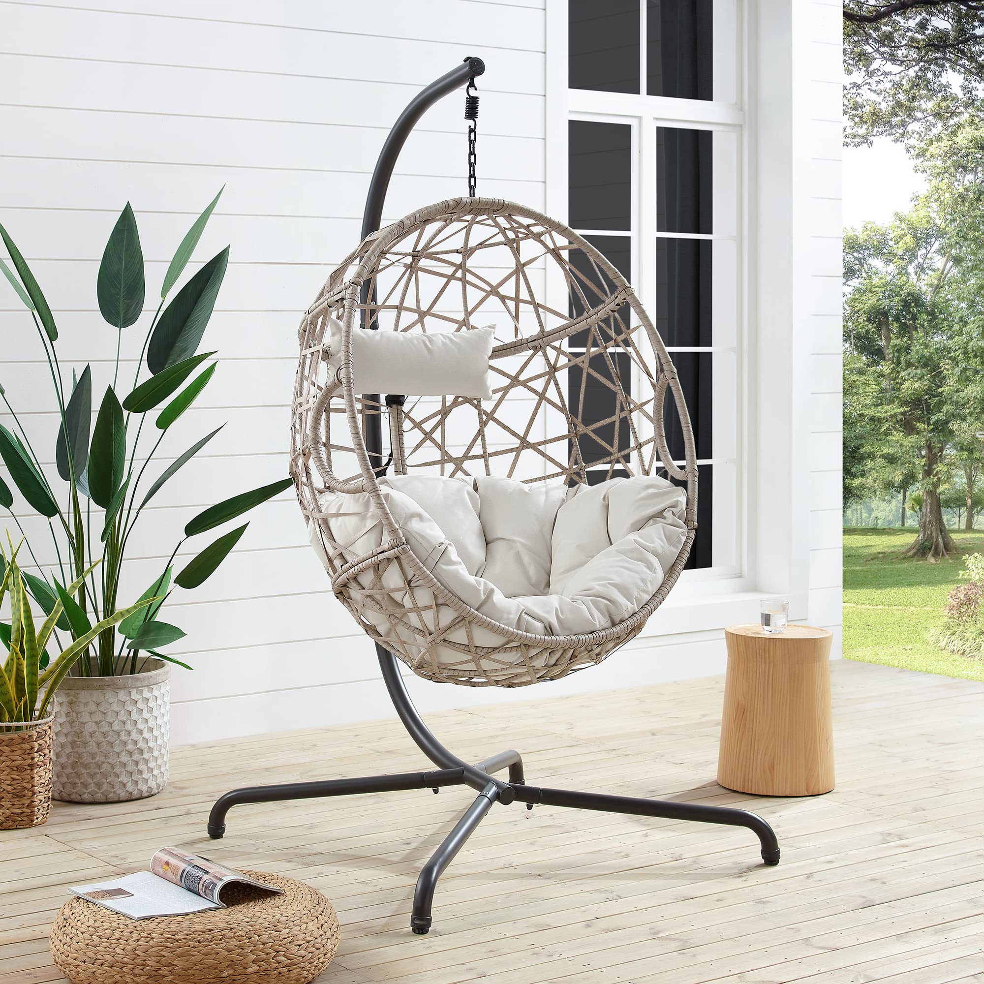 Ulax Outdoor Egg Hanging Swing Chair with Stand - Patio Wicker Hammock Chair with Cushion for Backyard, Garden & Balcony Relaxation (Beige)