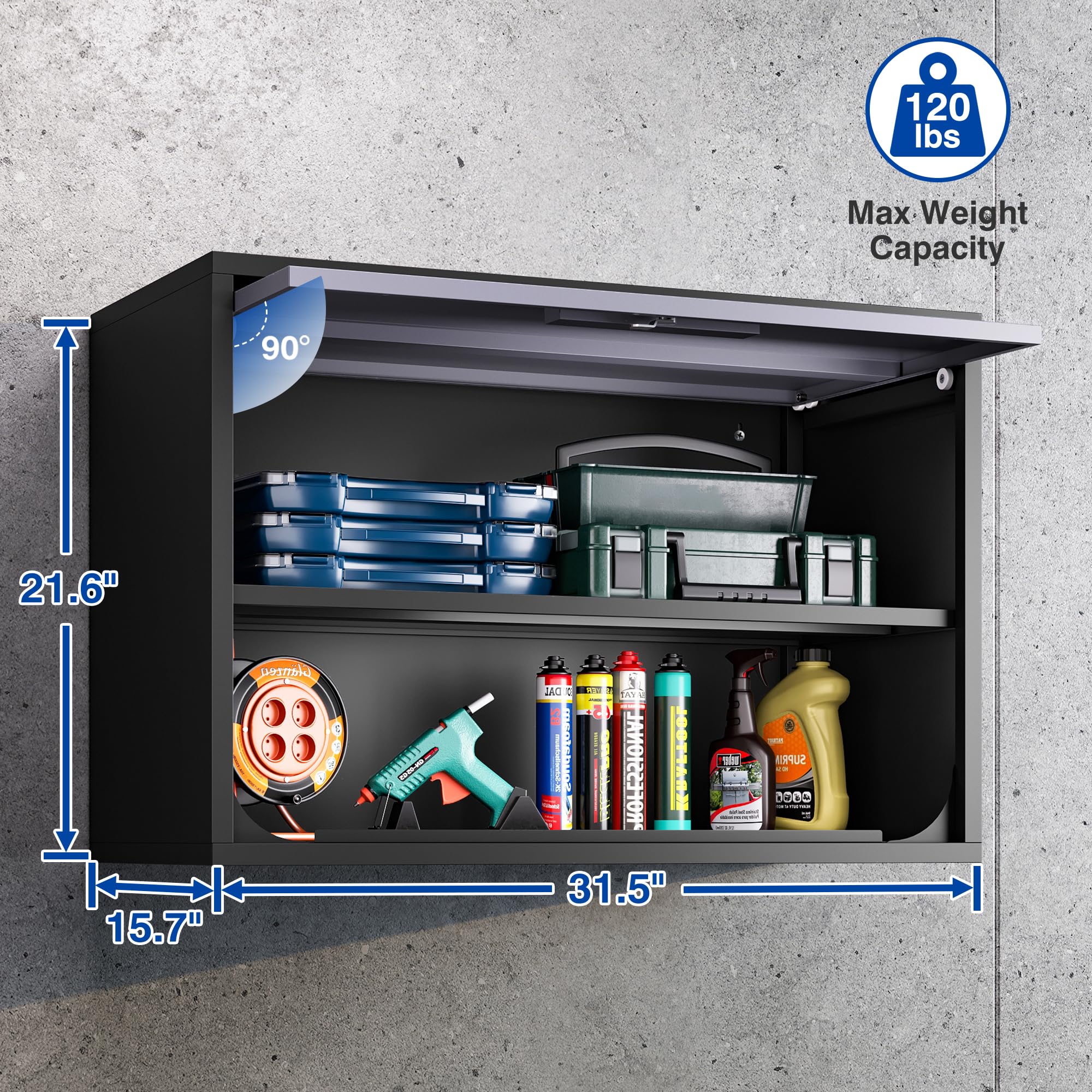 Metal Wall Storage Cabinet with Lock - 2 Shelving Garage Storage Cabinet with Flip-Up Door - Hanging Garage Cabinet for Kitchen, Home & Workshop - Easy Assembly (Black Gray, 21.6''H) - Perfect for Organizing Tools, Pantry Items & Garage Supplies