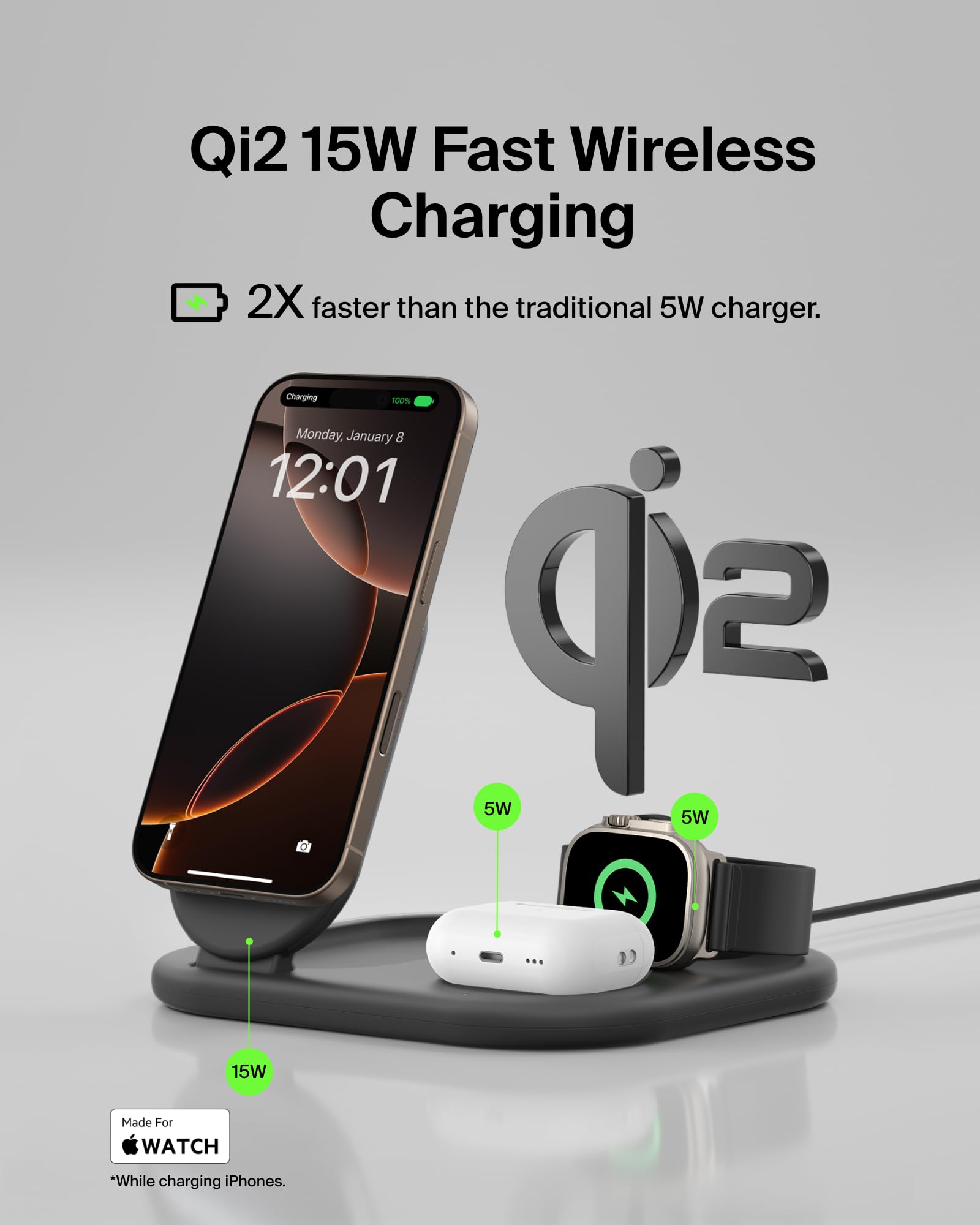 Belkin 3-in-1 MagSafe-Compatible iPhone Charger 15W | Foldable Magnetic Qi2-Certified Wireless Charging Station for iPhone 16, Apple Watch Series 10, AirPods 4 | Fast Charging with Non-Slip Base & PSU | Perfect for Home, Office & Travel - Black