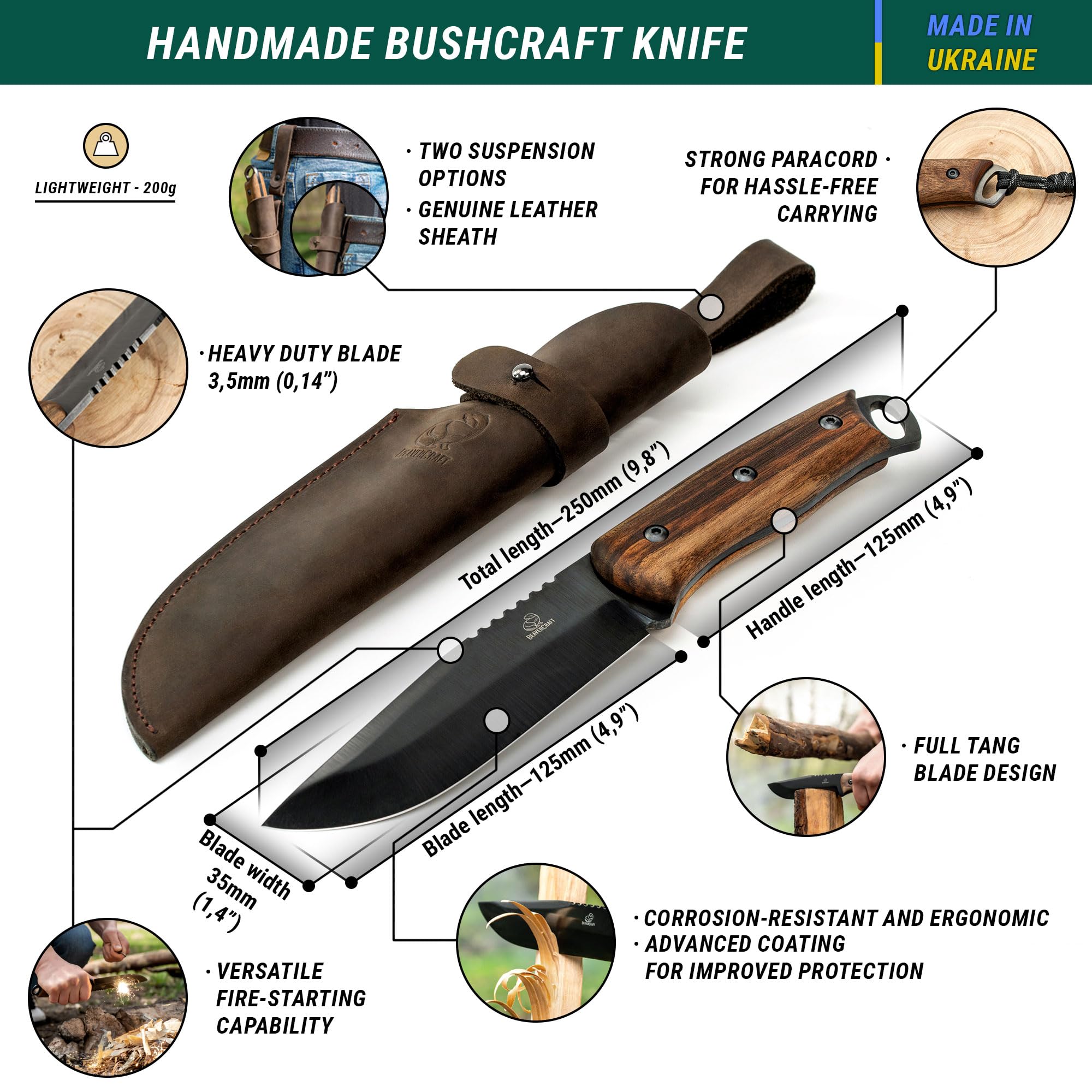 BeaverCraft Bushcraft Knife - Full Tang Fixed Blade Camping & Survival Knife with Sheath - High Carbon Steel for Outdoor Adventures, Hiking, Hunting & Bushcraft Gear - BSH4 Dusk Model