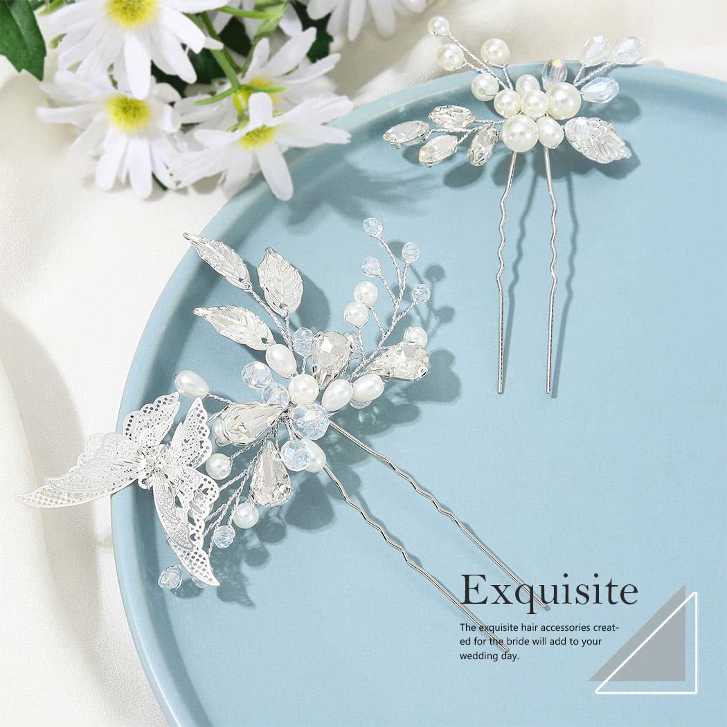 Silver Pearl Bridal Hair Pins with Butterflies & Crystals for Weddings & Parties (Pack of 2)
