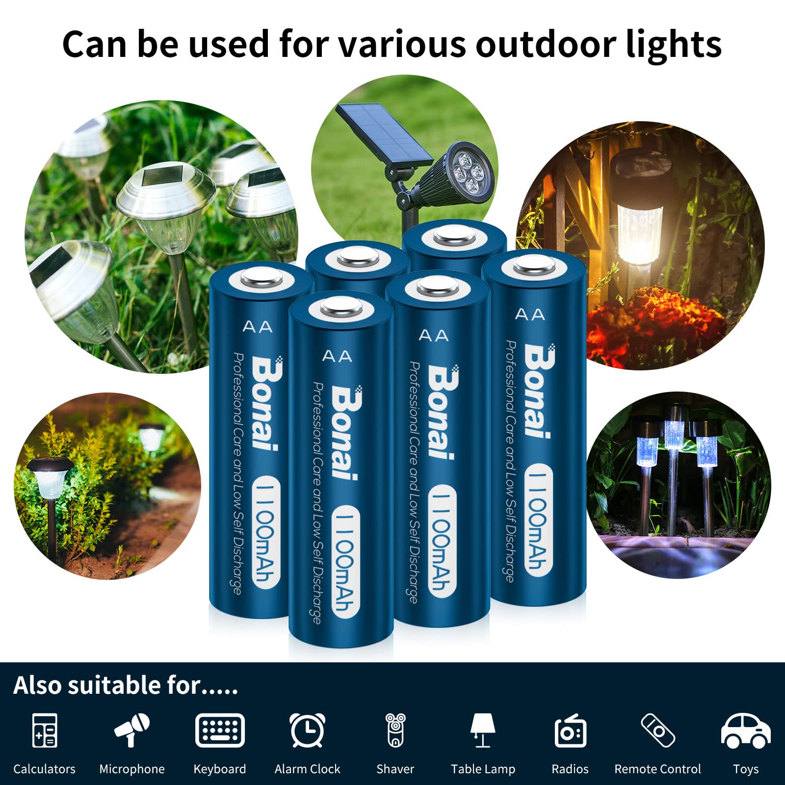 Bonai 8-Pack 1100mAh AA Solar Rechargeable Batteries for Outdoor Garden Lights, String Lights, Christmas Decorations - Perfect for Solar-Powered Landscape Lighting & Holiday Displays