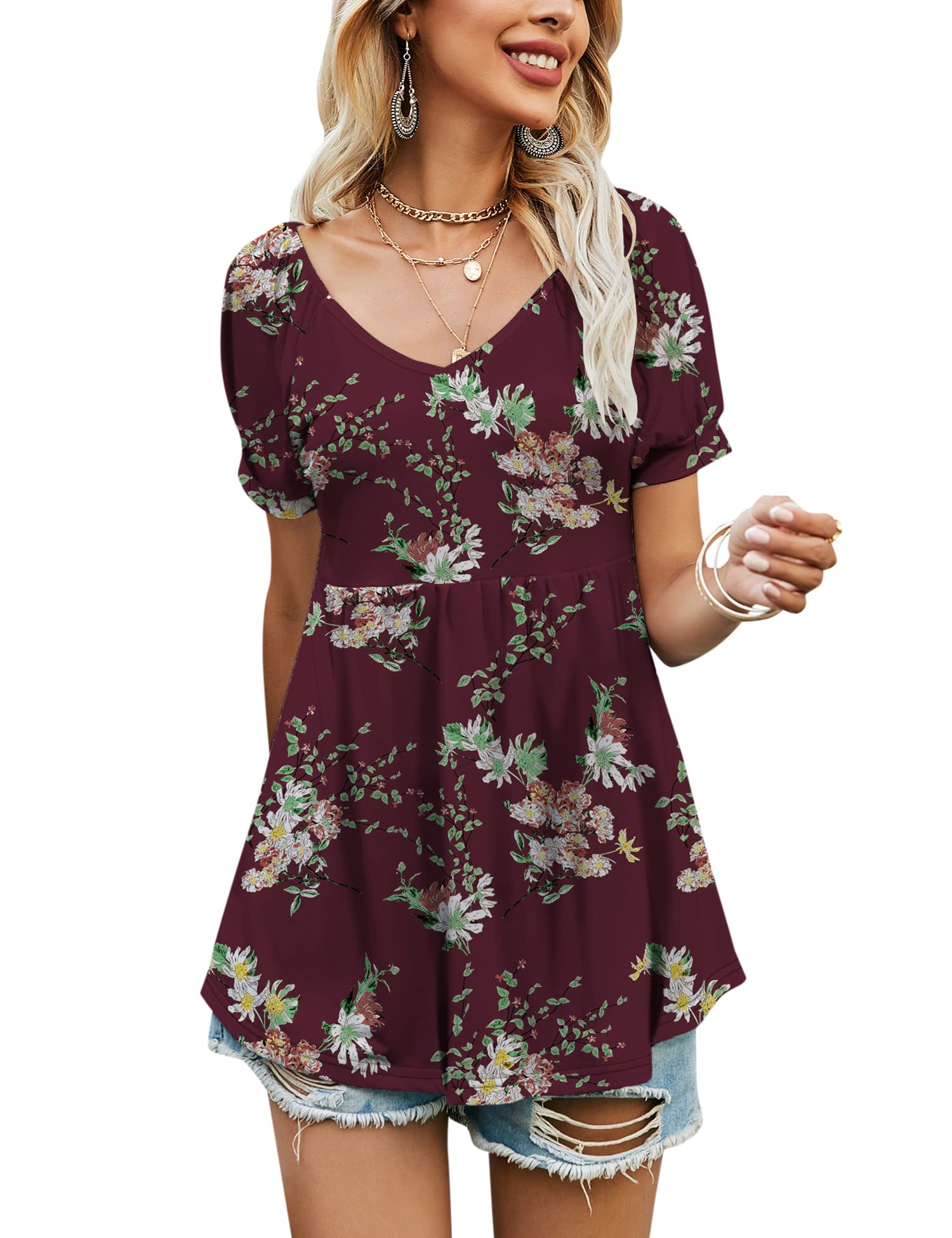 LOMON Women's Casual Long Sleeve V-Neck Tunic Top with Pleated Flare & Smocked Cuffs - Comfortable Blouse for Work, Date Night & Everyday Wear (Sizes S-XXL)