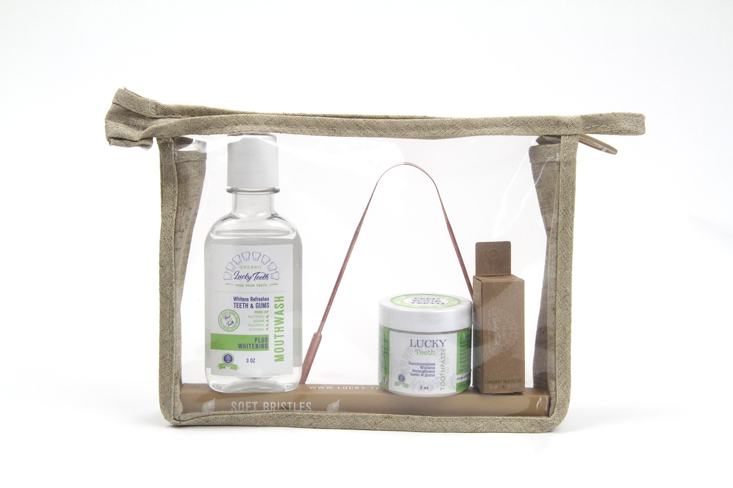 Organic Travel Dental Kit with Remineralizing Toothpaste, Peroxide Mouthwash, Silk Floss & Copper Tongue Scraper | Portable Oral Care Essentials in Hemp Bag for Home, Office & Vacation Use