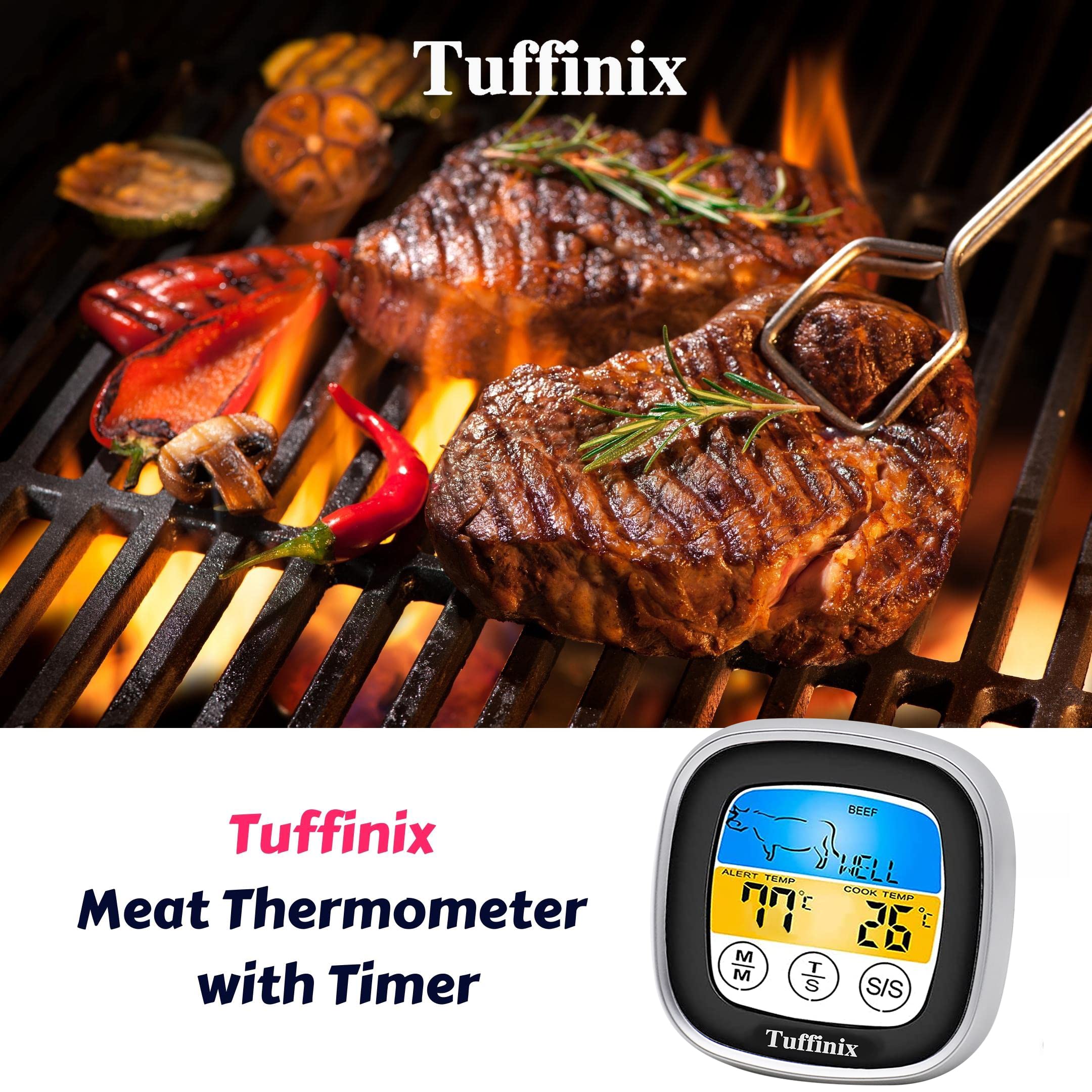 Tuffinix Digital Touchscreen Meat Thermometer - Instant Read Food Thermometer with 40in Probe, Timer & Oven Safe for BBQ, Grilling, Frying, Smoking | Perfect for Kitchen, Outdoor Cooking & Professional Chefs