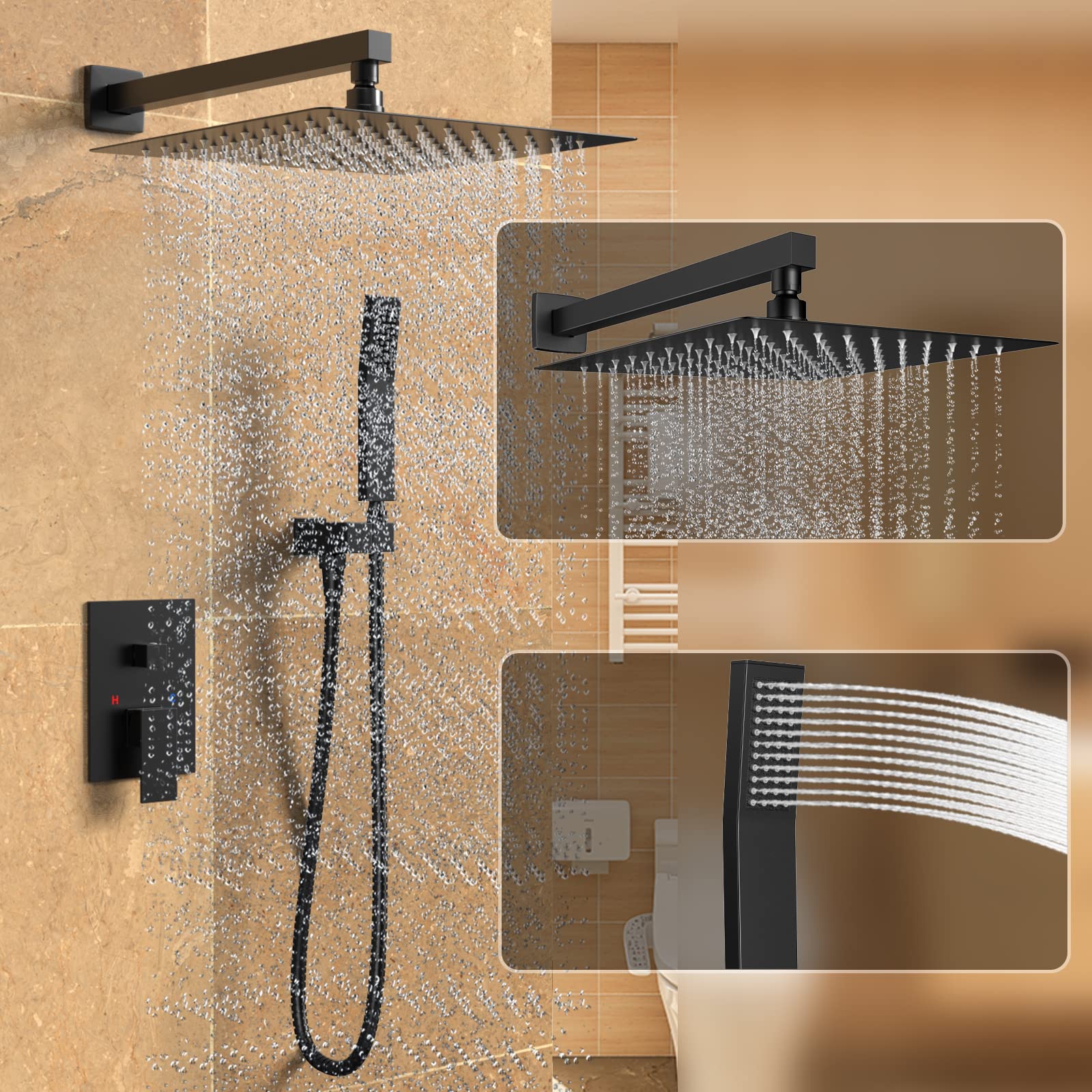 10 Inch Luxury Matte Black Wall Mounted Shower System - Rainfall Shower Head & Handheld Spray Combo Set with Rough-in Valve & Trim - Perfect for Modern Bathroom & Spa Experience