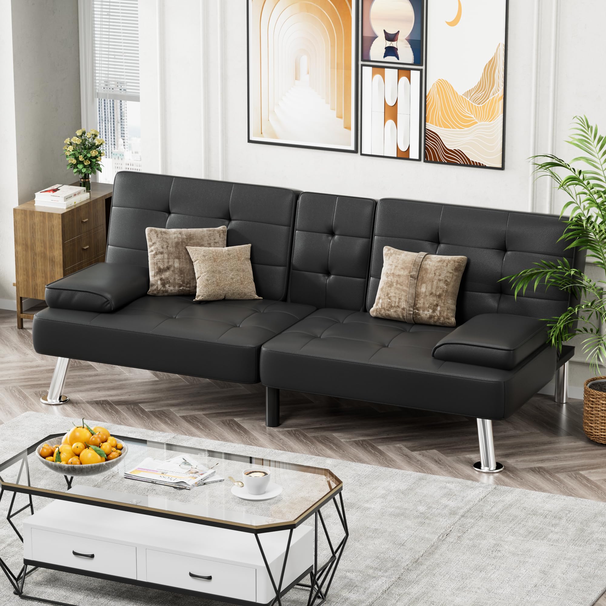 JUMMICO Adjustable PU Leather Futon Sofa Bed with Removable Armrests & 2 Cup Holders - Convertible Sleeper Couch for Small Spaces, Living Room, Dorm, Apartment (Black) - Perfect for Guest Beds, Movie Nights & Compact Living