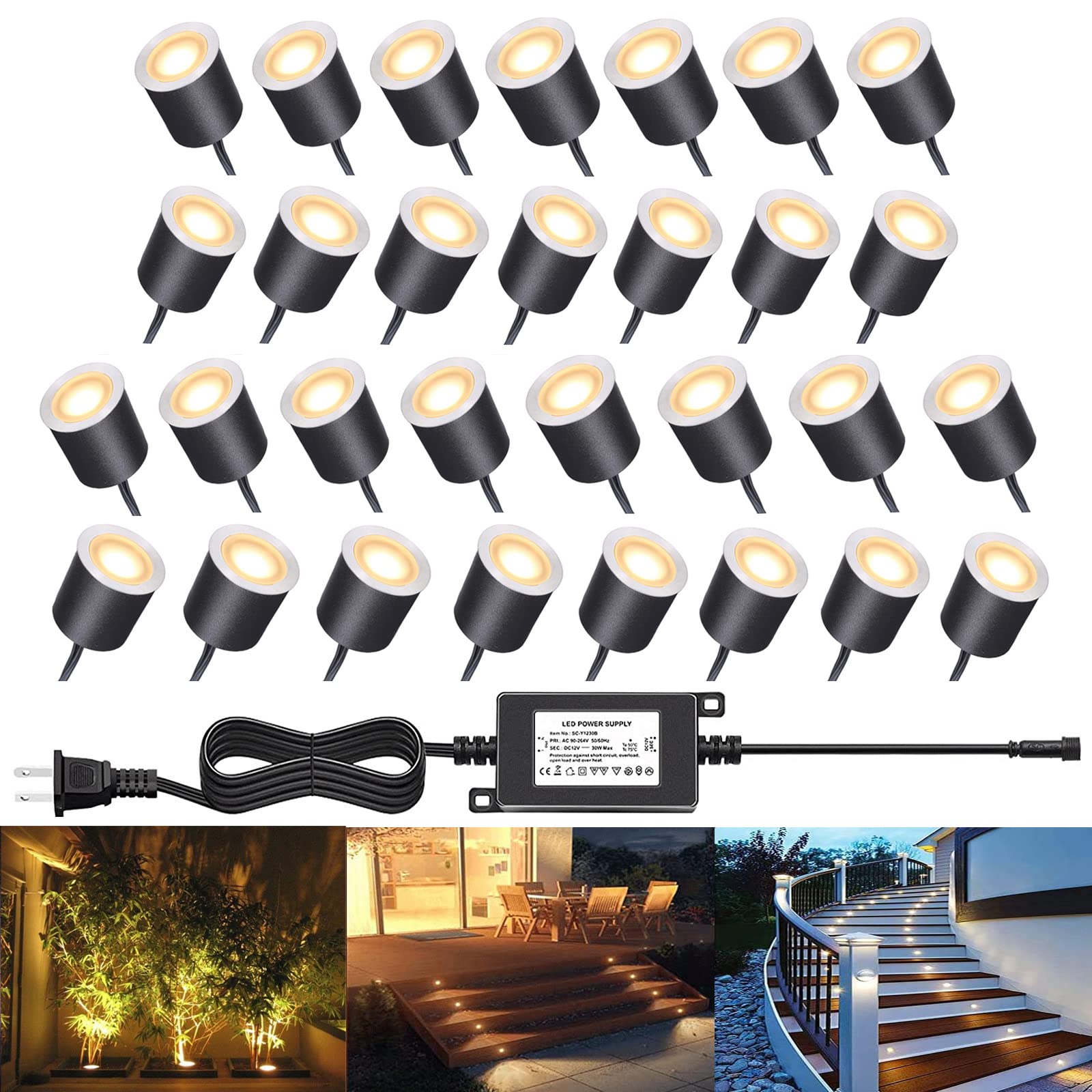 30 Pack Warm White LED Recessed Deck Lights - IP67 Waterproof Outdoor Landscape Lighting Kit with Protective Shell, 12V Low Voltage for Garden, Yard, Steps, Patio, Floor & Kitchen Decoration - Perfect for Pathway Illumination, Stair Safety & Ambience Lighting