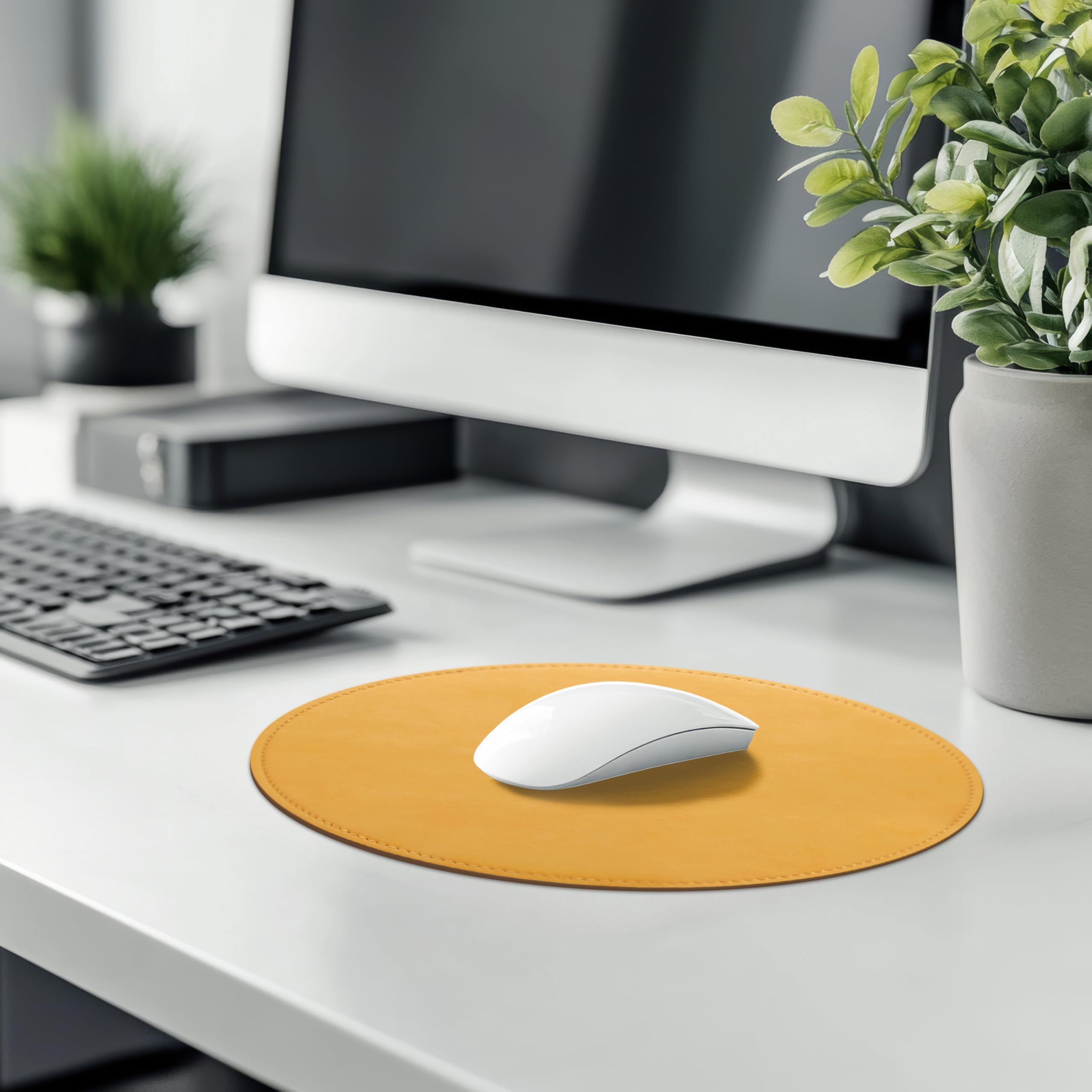 Premium Round PU Leather Mouse Pad with Stitched Edge & Non-Slip Micro-Fiber Base - Waterproof Desk Mat for Computer, Laptop, Office & Gaming - 9 x 9 Inch (Light Yellow) - Perfect for Work, Home & Professional Workspaces
