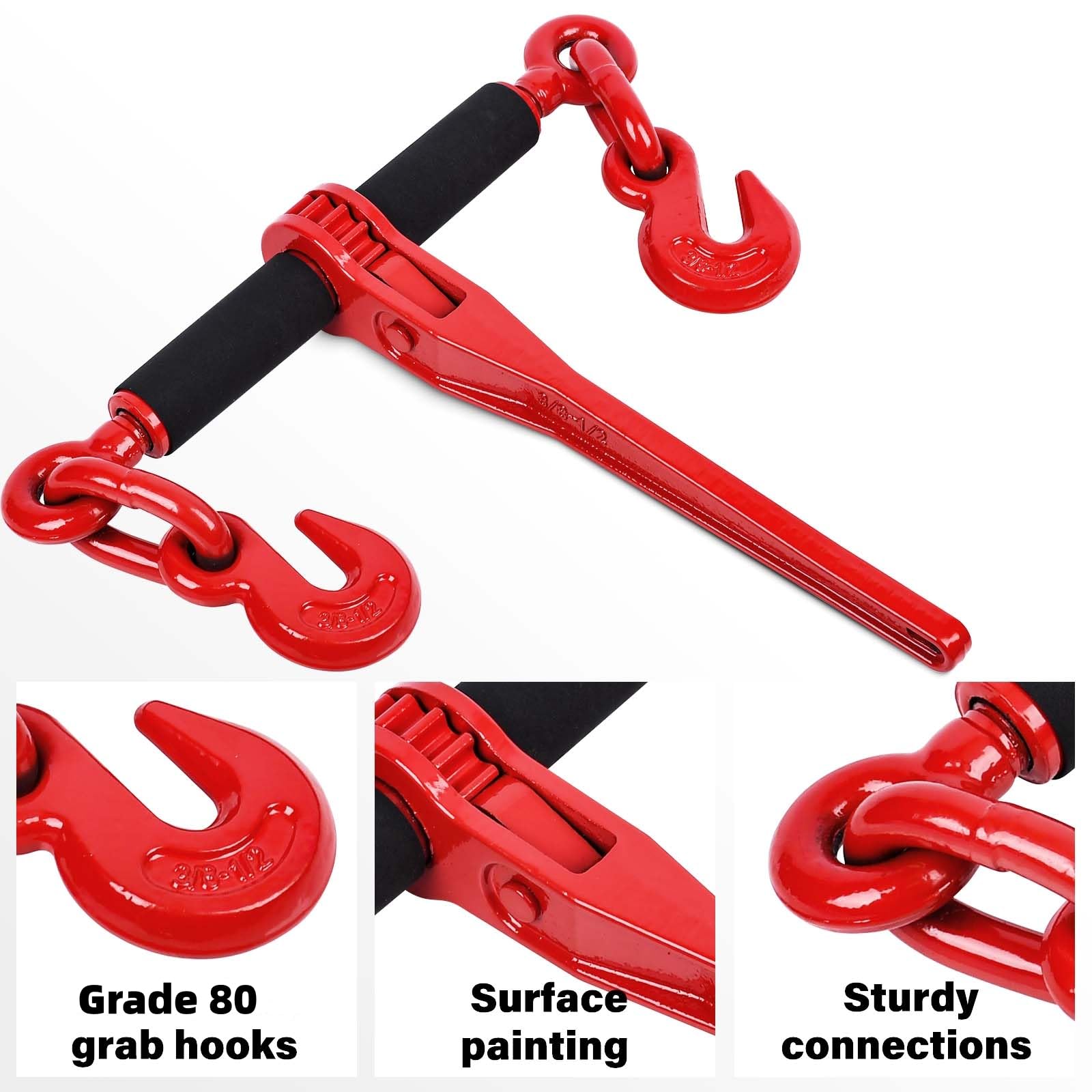 Heavy Duty G80 Chain Binder 3/8'' - 1/2'' with G80 Grab Hooks - 4 Pack Red Grade 80 Ratchet Load Binder 9,200 lbs WLL - for Hauling, Towing, Tie Down, Industrial & Agricultural Use - Perfect for Securing Cargo on Trailers, Trucks, and Heavy Equipment
