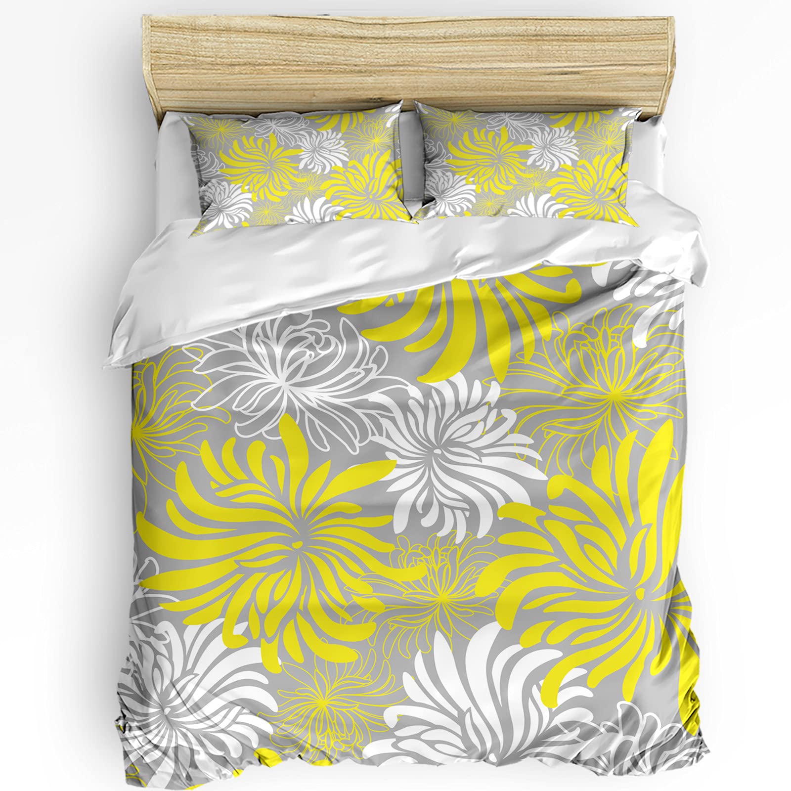 HELLOWINK 3-Piece Queen Size Duvet Cover Set - Vintage Floral Chrysanthemum Yellow Comforter with 2 Pillow Shams | Lightweight Soft Bedding | Perfect for Spring & Summer Bedroom Decor | Elegant Plant Pattern for Master Bedroom or Guest Room