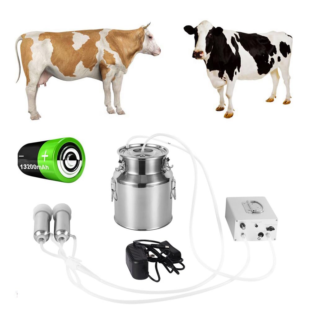 14L Electric Cow Milking Machine - Automatic Rechargeable Battery Powered Vacuum Pump with 2 Teat Cups & Stainless Steel Bucket for Dairy Cows | Portable Farm Milking Equipment for Small to Medium Herds | Ideal for Homesteads, Family Farms & Dairy Operations