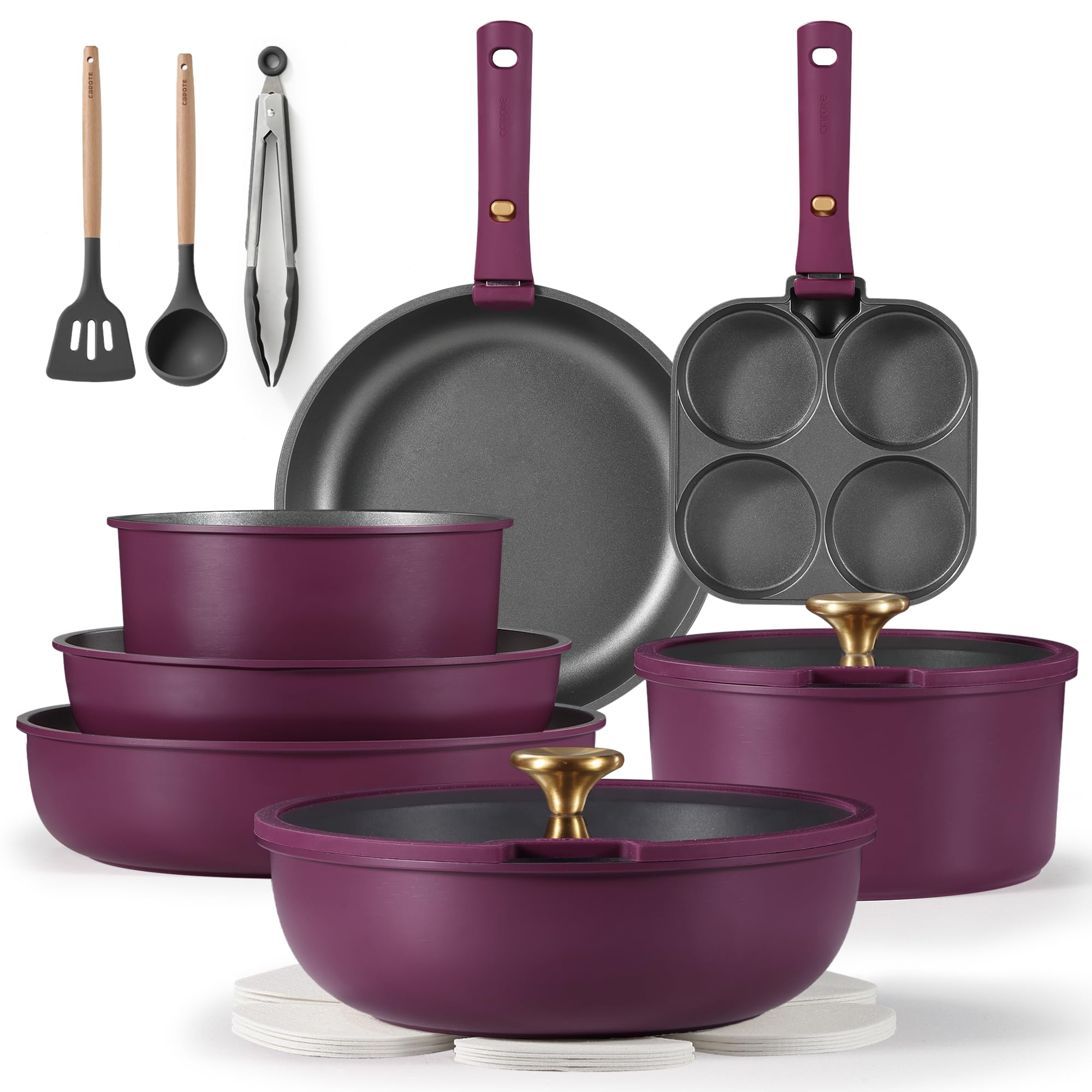**CAROTE 19-Piece Nonstick Cookware Set with Detachable Handles - Induction Compatible, Gold & Purple - Perfect for RV, Camping & Small Kitchen Cooking**