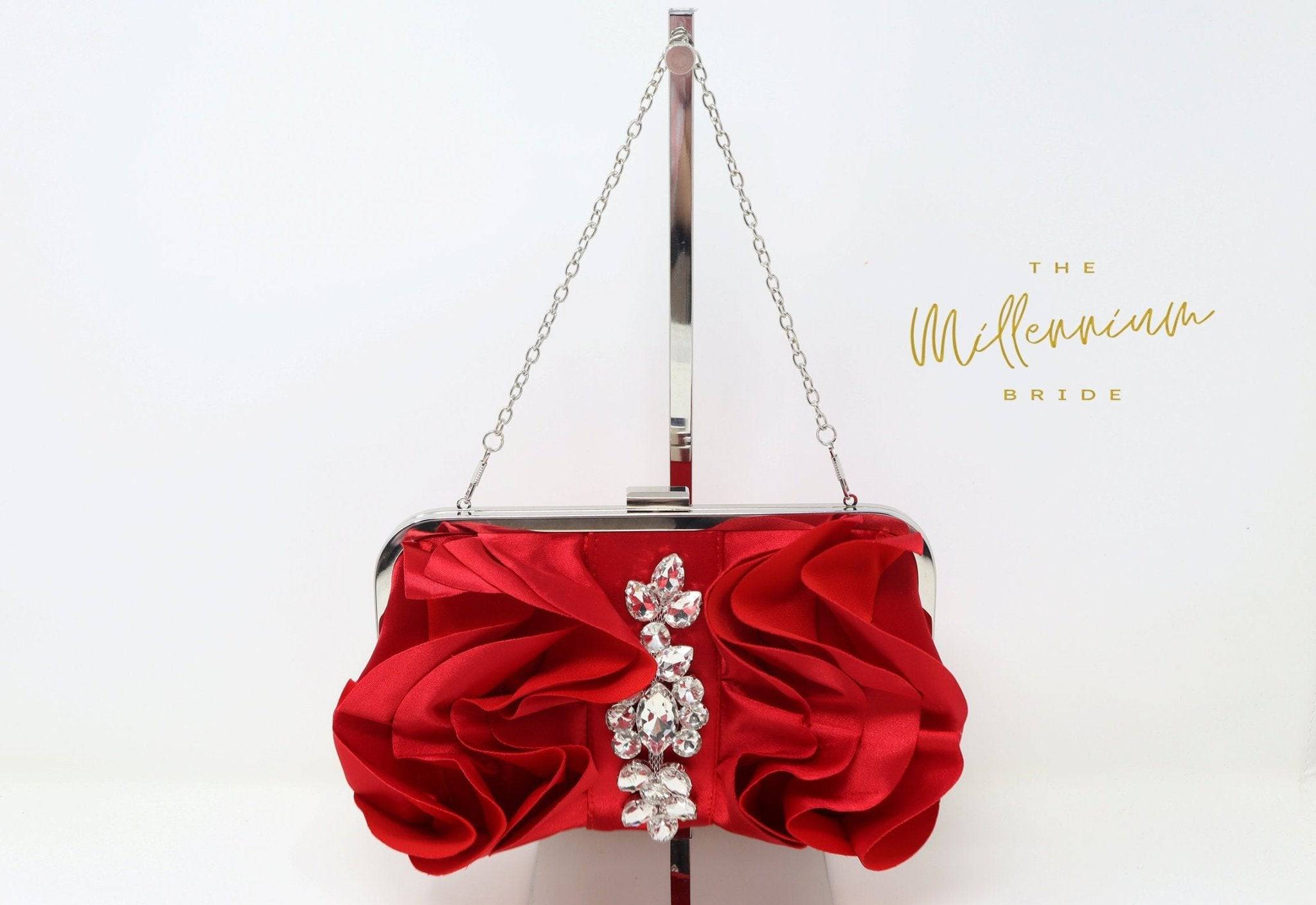 Red Rose Crystal Satin Floral Wedding Clutch Purse - Elegant Evening Bag for Brides, Prom & Special Occasions - Crossbody Statement Purse for Weddings, Parties & Formal Events