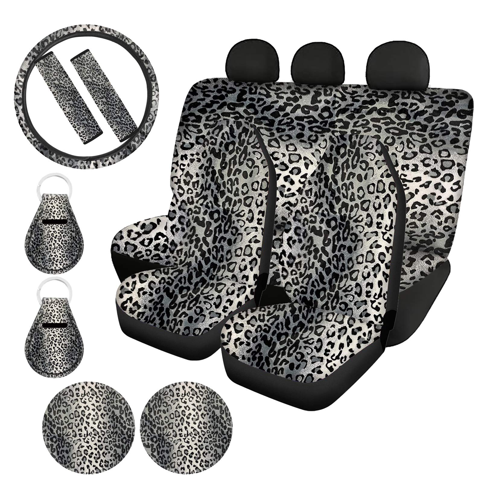 Upetstory Grey Black Leopard Print Car Seat Covers Full Set - Front & Back Seat Protector, Steering Wheel Cover, Seat Belt Covers, Cup Holder Coasters & Keychains for Pets, Travel & Road Trips