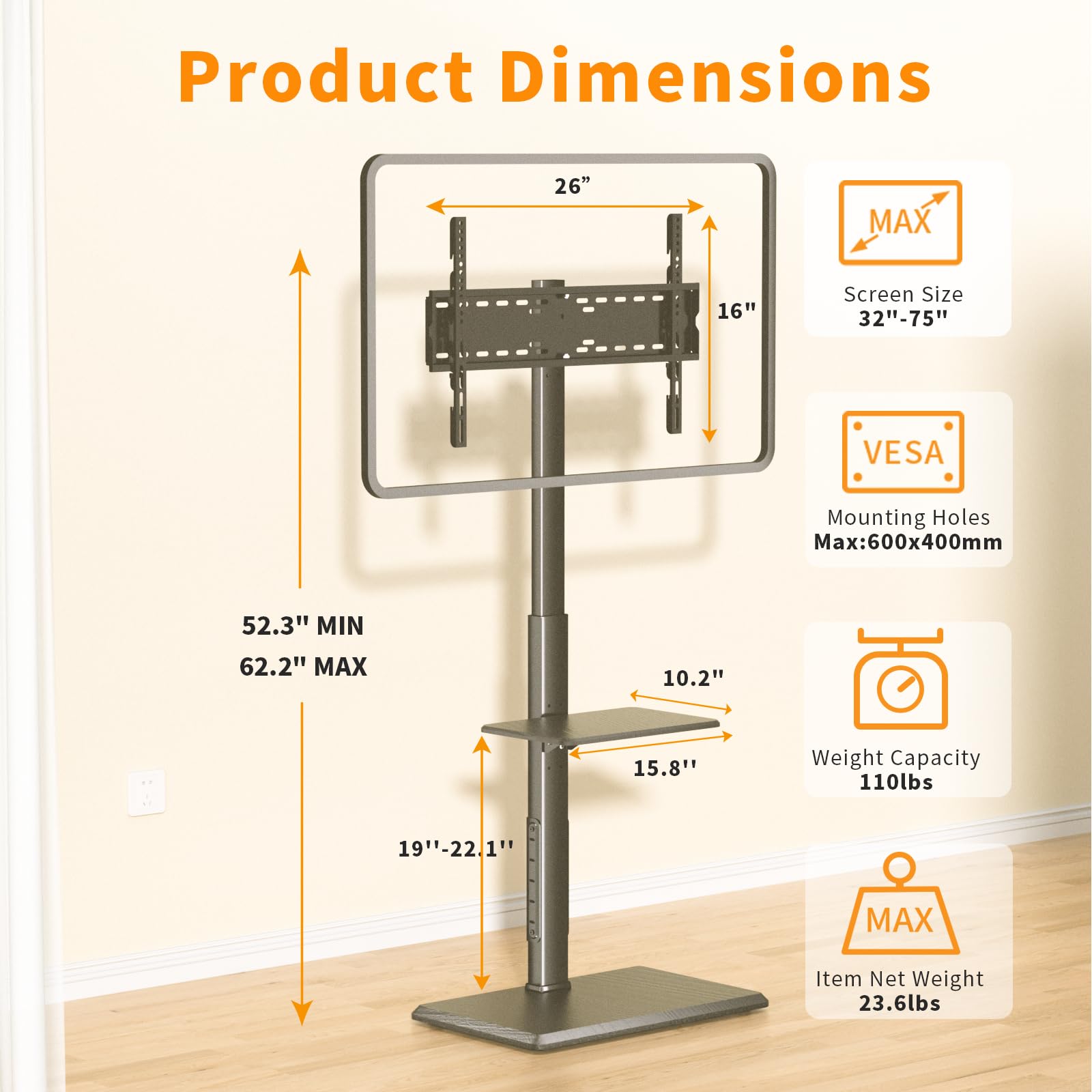 Universal TV Floor Stand for 32-75 Inch TVs up to 110 lbs - Adjustable Height & Swivel Base with Power Outlet & Removable Shelf - Sturdy TV Mount Stand for Living Room, Bedroom, Office (TCP01-2-M-A01)