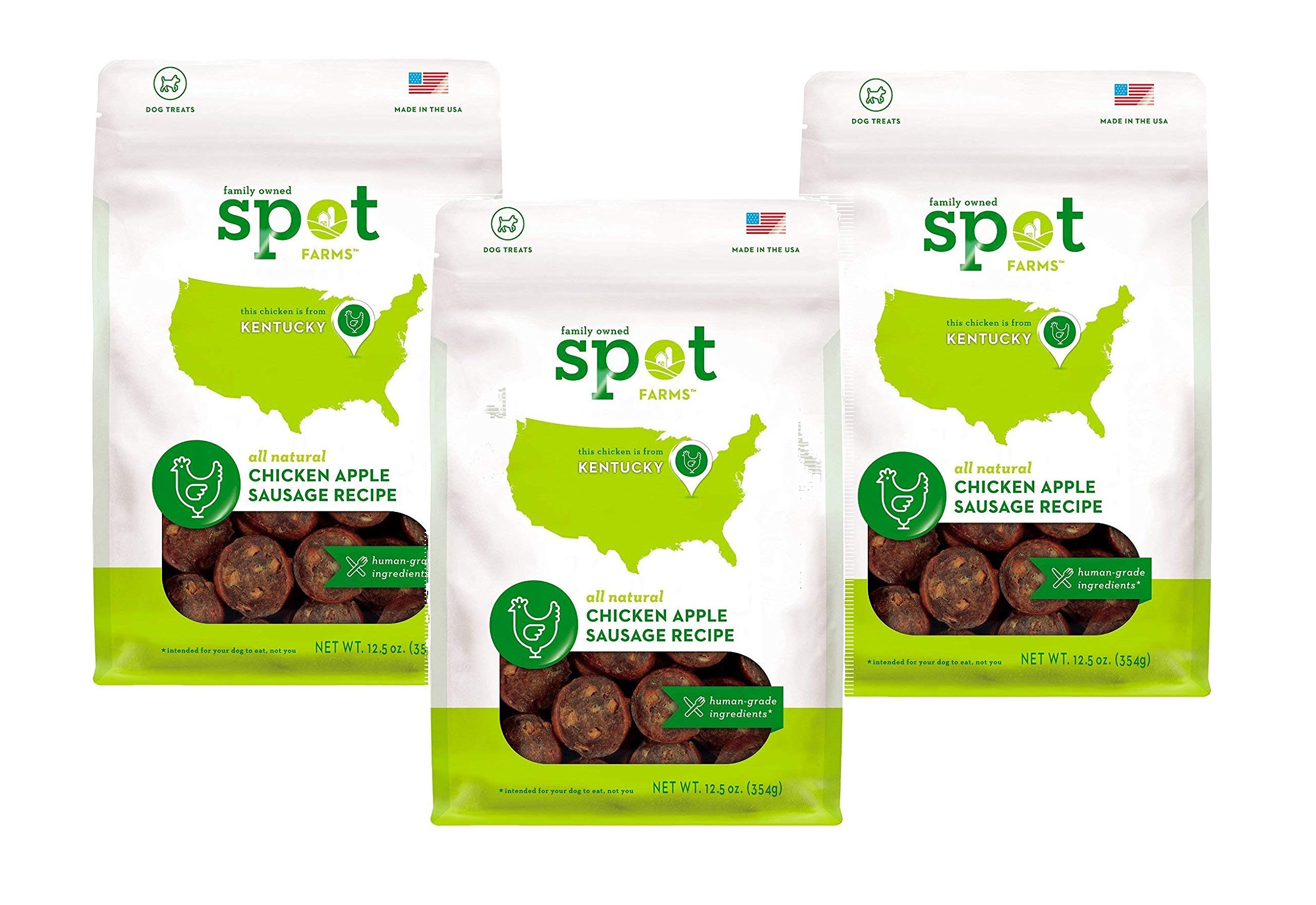 (3 Pack) Spot Farms All Natural Human-Grade Chicken Apple Sausage Dog Treats - Healthy Training Rewards & Dental Chews for Small to Large Breeds