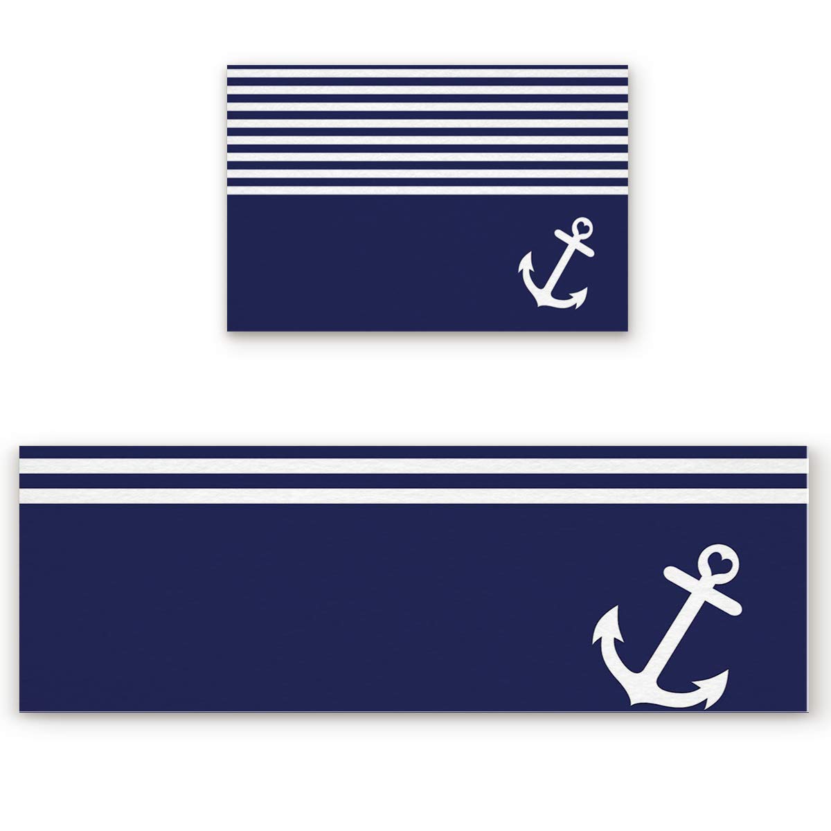 Anti-Fatigue Non-Slip Kitchen Floor Mat Set - 2-Pack Waterproof Cushioned Standing Mats with Navy & White Stripe Anchor Design for Comfortable Cooking and Dishwashing