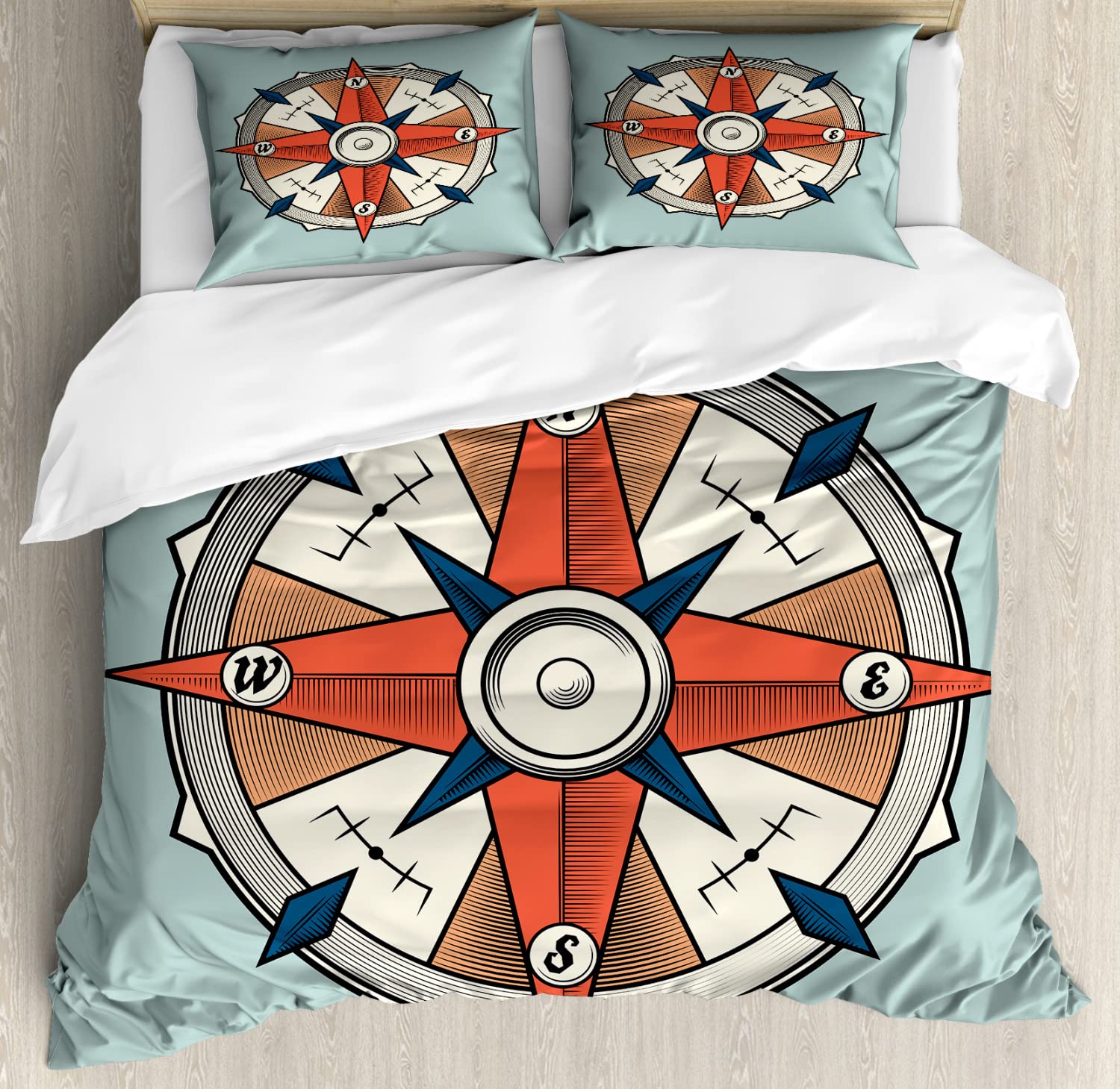 Ambesonne Compass Duvet Cover Set - 2 Pack California King Size, Orange Turquoise Nautical Theme Bedding with 2 Duvet Covers & 4 Pillowcases | Perfect for Adventure-Themed Bedrooms, Travel Enthusiasts & Coastal Decor
