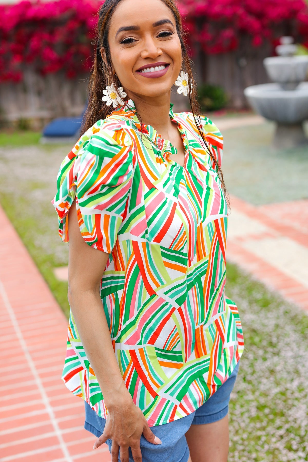 Stylish Green & Orange Geo Print Frill Notch Neck Puff Sleeve Blouse - Trendy Women's Fashion Top for Casual Outings & Date Nights