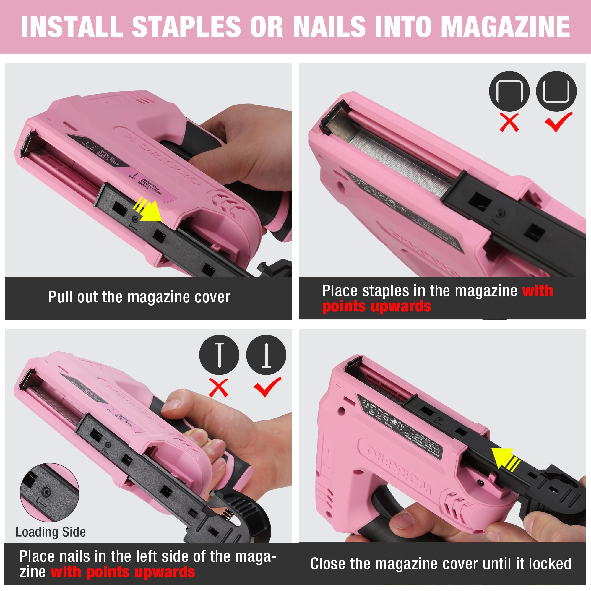 WORKPRO 3.6V Cordless 2-in-1 Staple and Nail Gun with 2.0Ah Battery, USB Charger & 2000PCS Staples/Nails - Pink Ribbon | for Upholstery, DIY Projects, Home Decor, Crafts, Woodworking & Furniture Repair