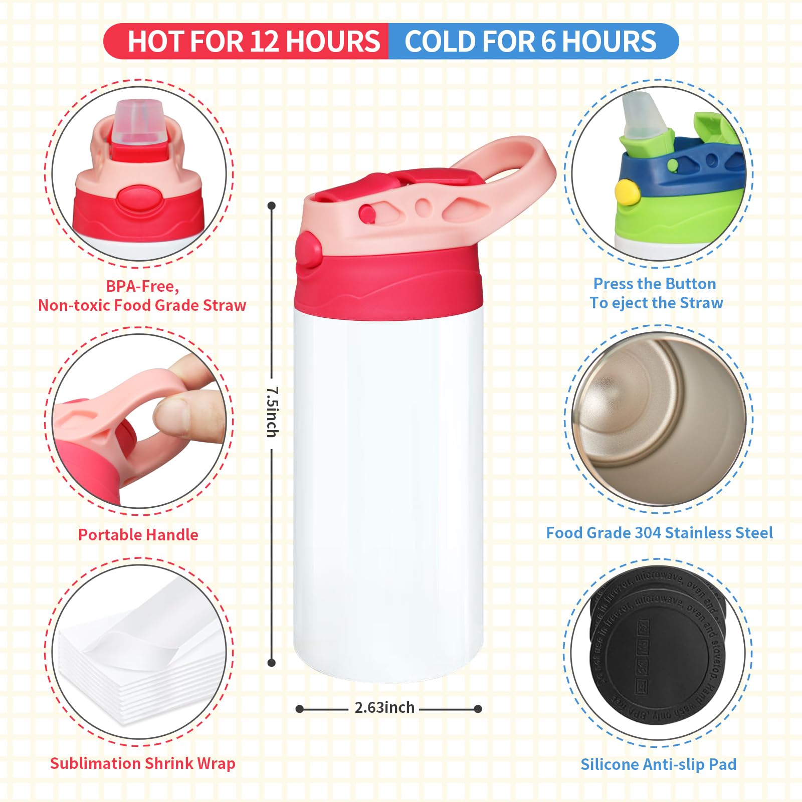10 Pack Kids Sublimation Tumblers - 12oz Stainless Steel Sippy Cup Blanks for DIY Crafting, Customizable Water Bottles for Personalized Gifts | Perfect for Birthday Parties, School Events & Holiday Presents