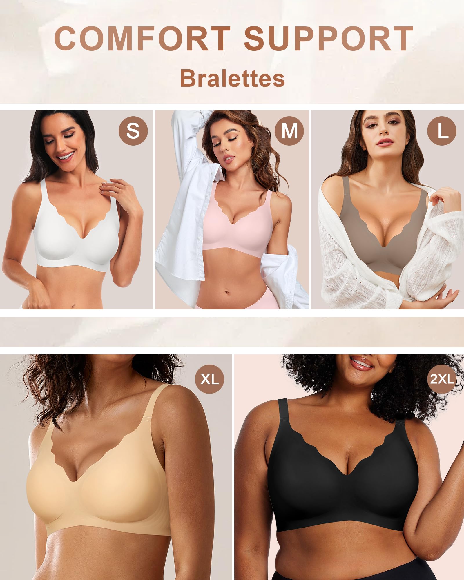 Women's Comfortable Supportive Wireless Bralette - Seamless Full Coverage Padded Bra with Scalloped Design for Everyday Wear & Yoga