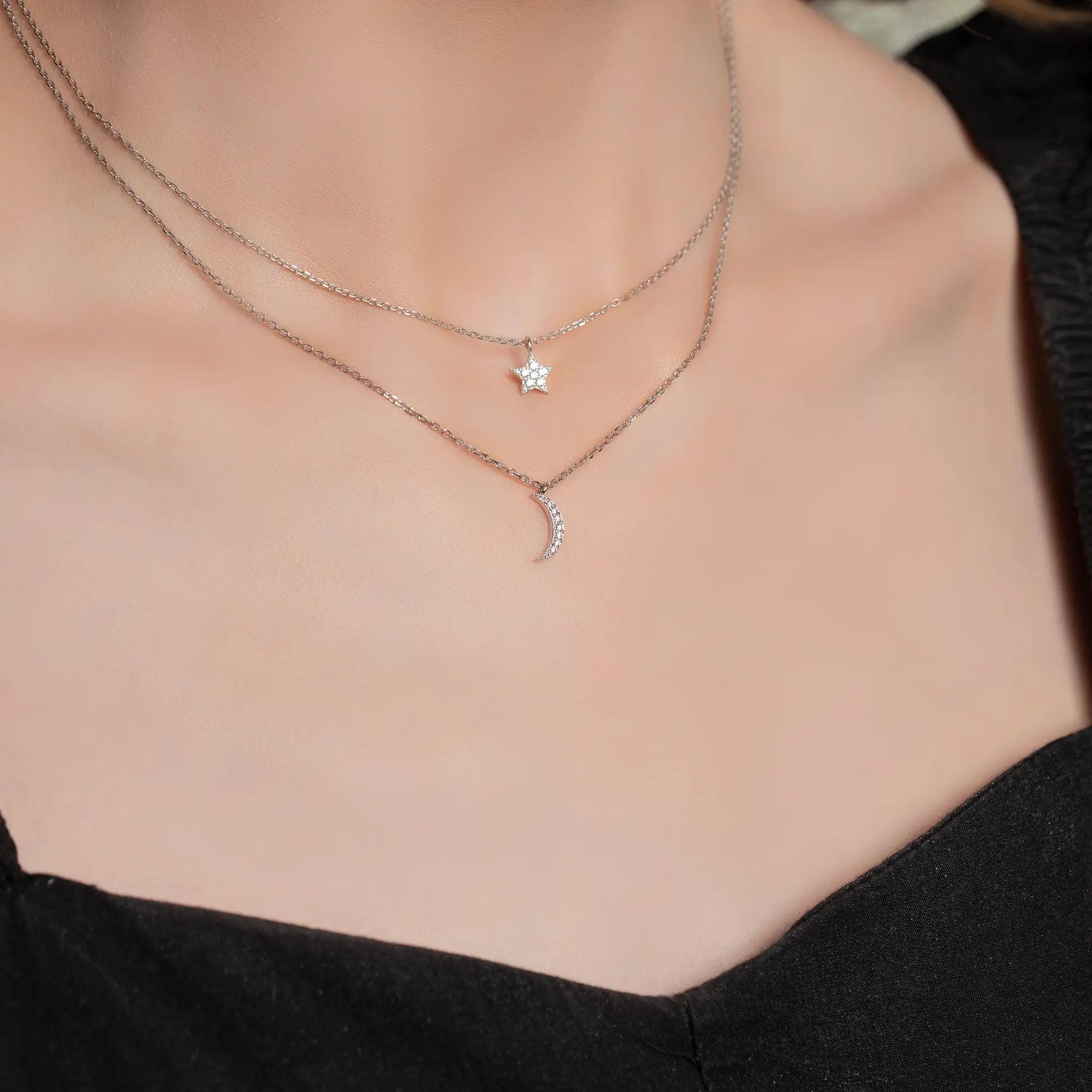 Moon and Star Necklace for Women - Dainty Celestial Jewelry, 925 Sterling Silver Pendant with Adjustable Chain - Perfect for Gifts, Everyday Wear & Boho Fashion